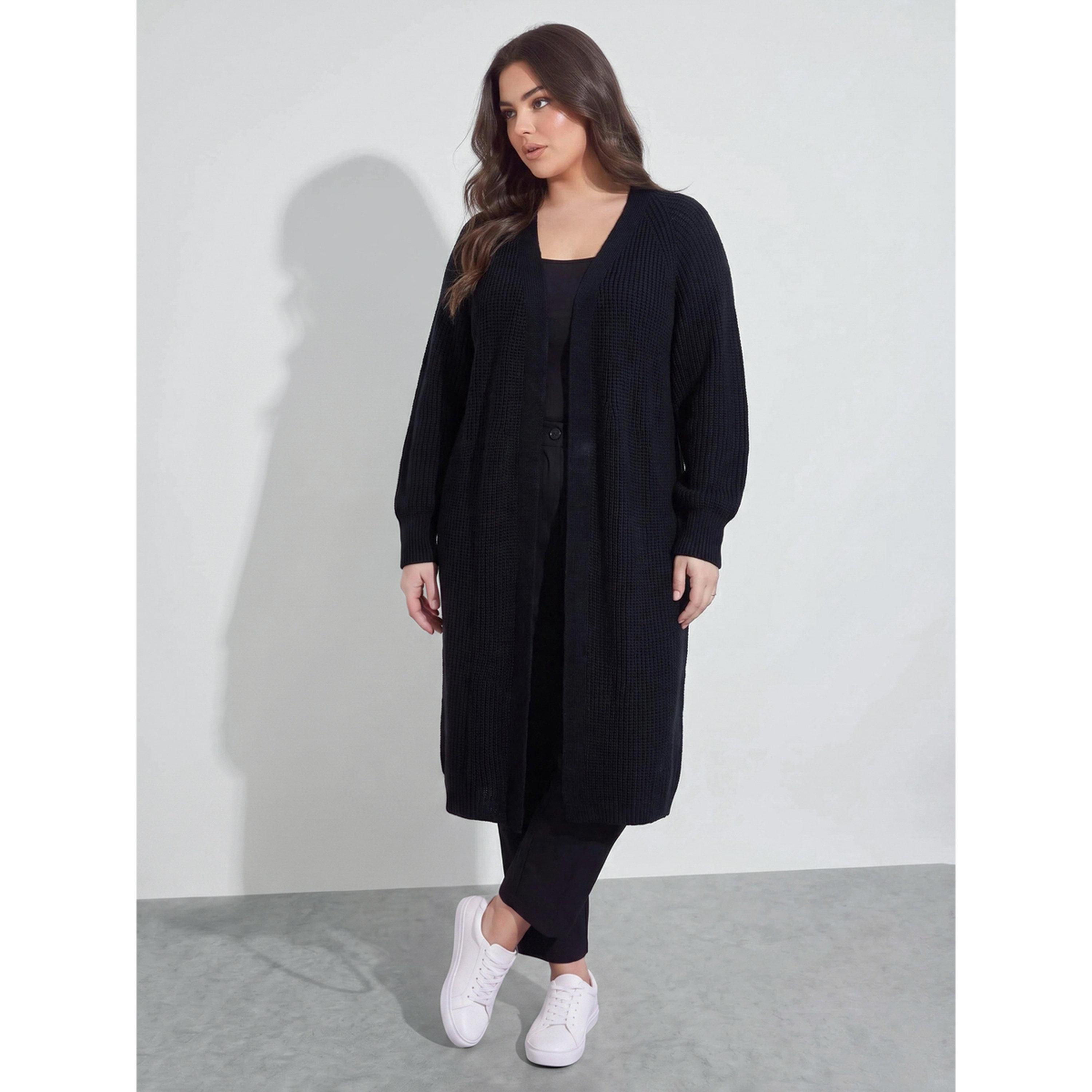 Styli Plus Size Black Open Front Longlined Ribbed Knit Cardigan-women-clothing-plussize-cardigansandjumpers-cardigans-image-2