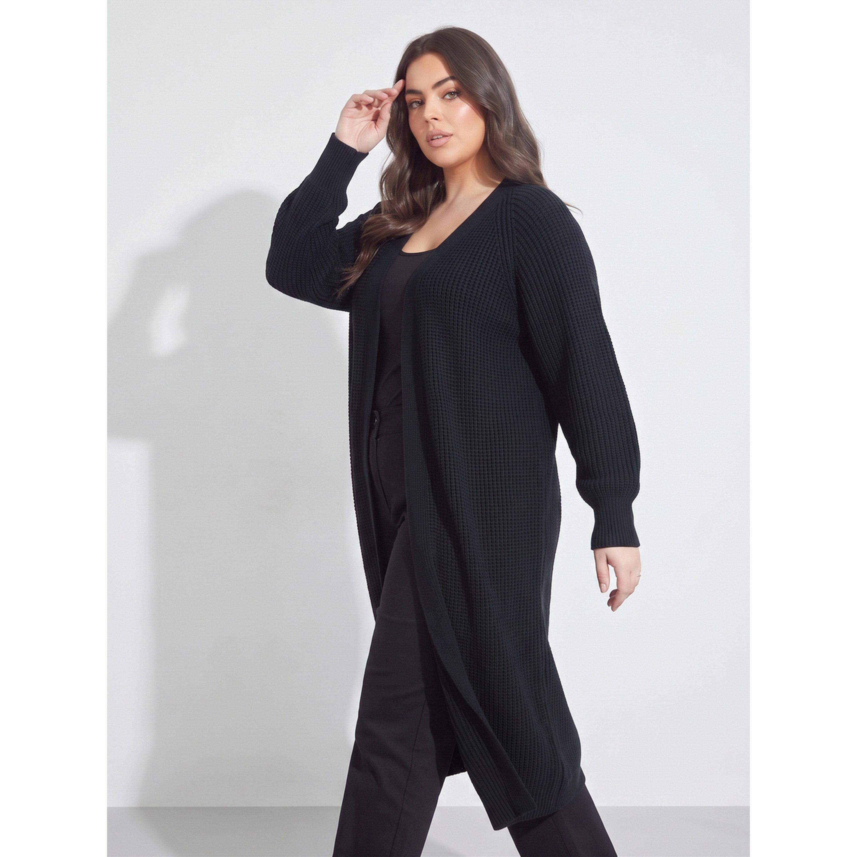 Styli Plus Size Black Open Front Longlined Ribbed Knit Cardigan-women-clothing-plussize-cardigansandjumpers-cardigans-image-3