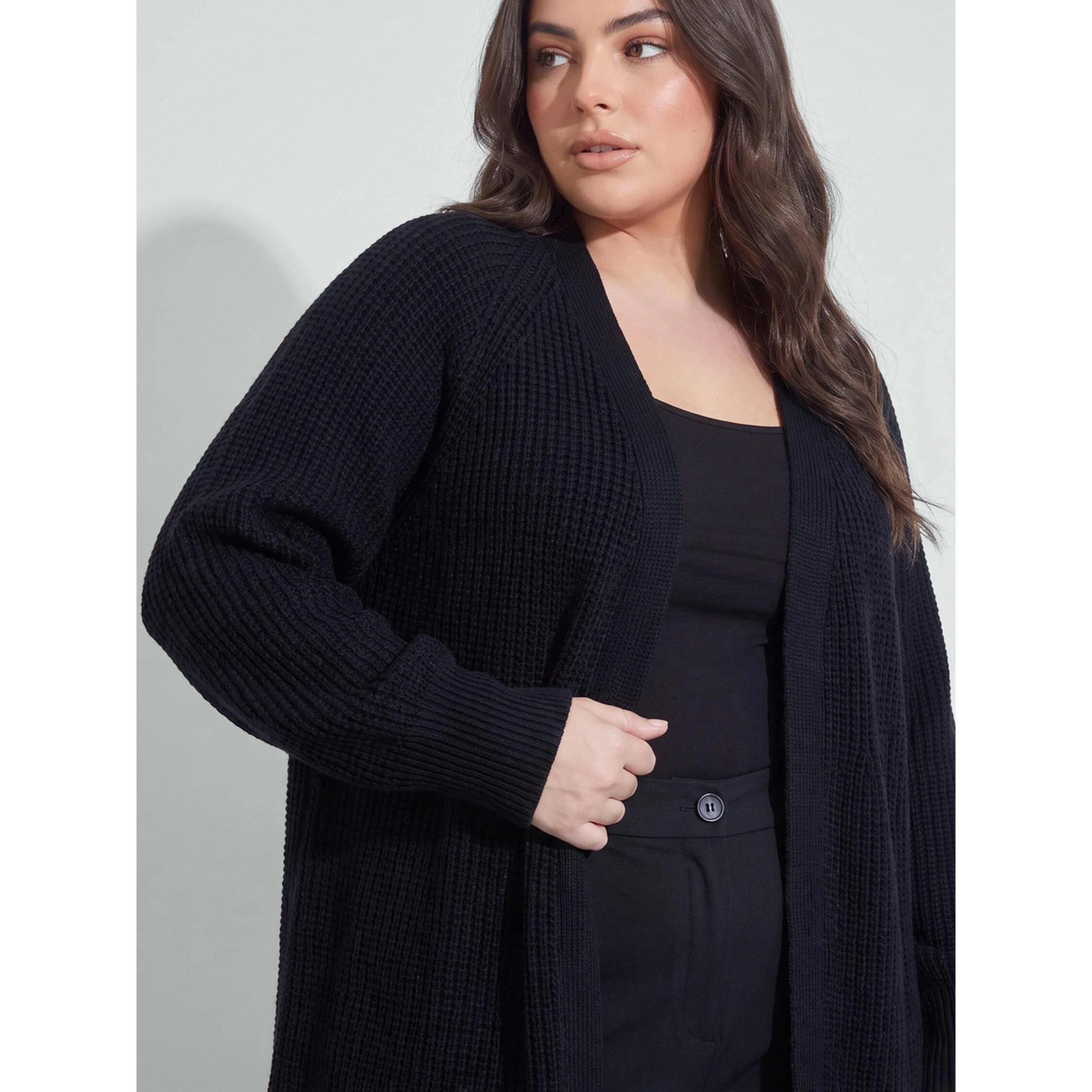 Styli Plus Size Black Open Front Longlined Ribbed Knit Cardigan-women-clothing-plussize-cardigansandjumpers-cardigans-image-5