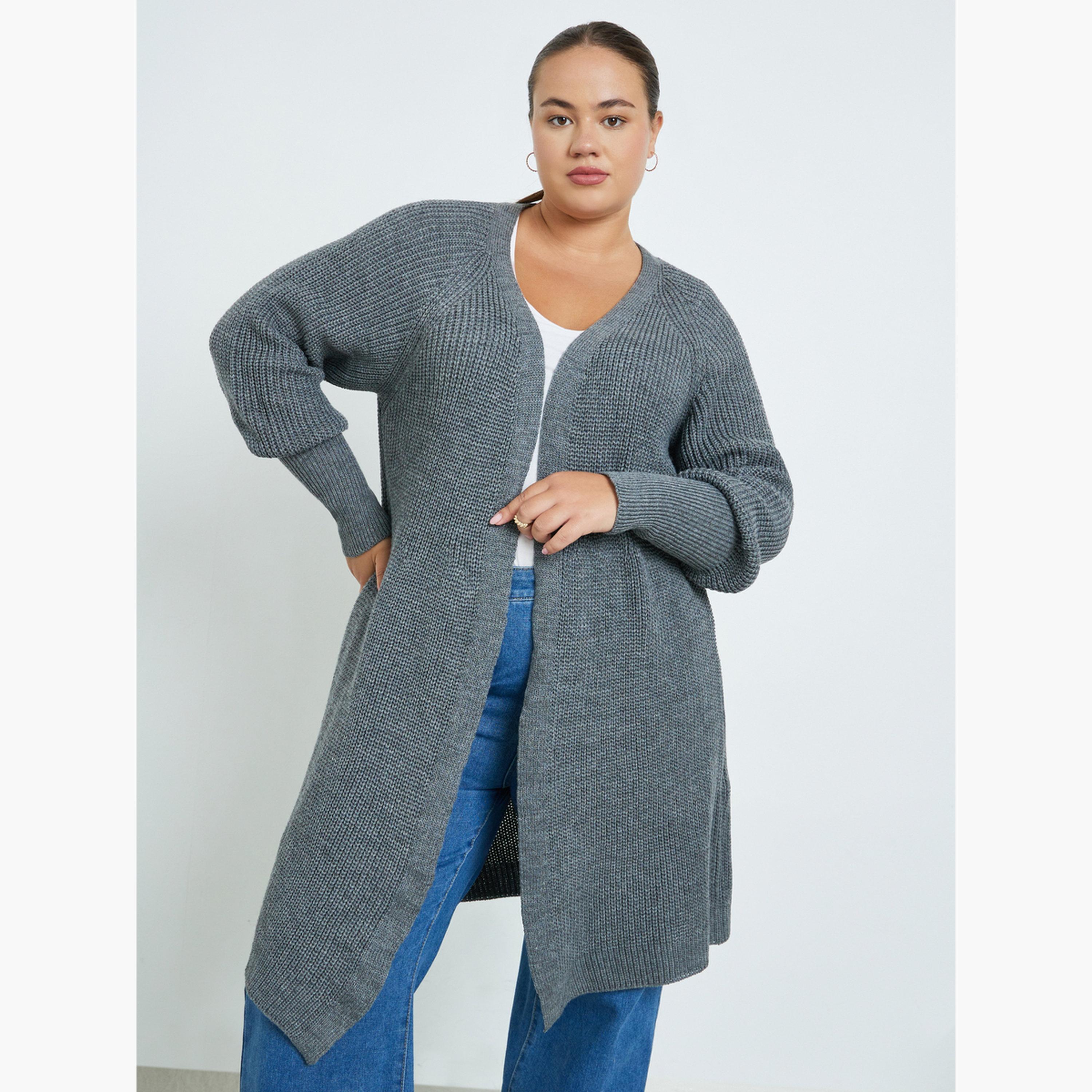 Styli Plus Size Charcoal Knit Long Sleeves Women's Open Front Cardigan-women-winterwear-cardigansandjumpers-cardigans-image-1