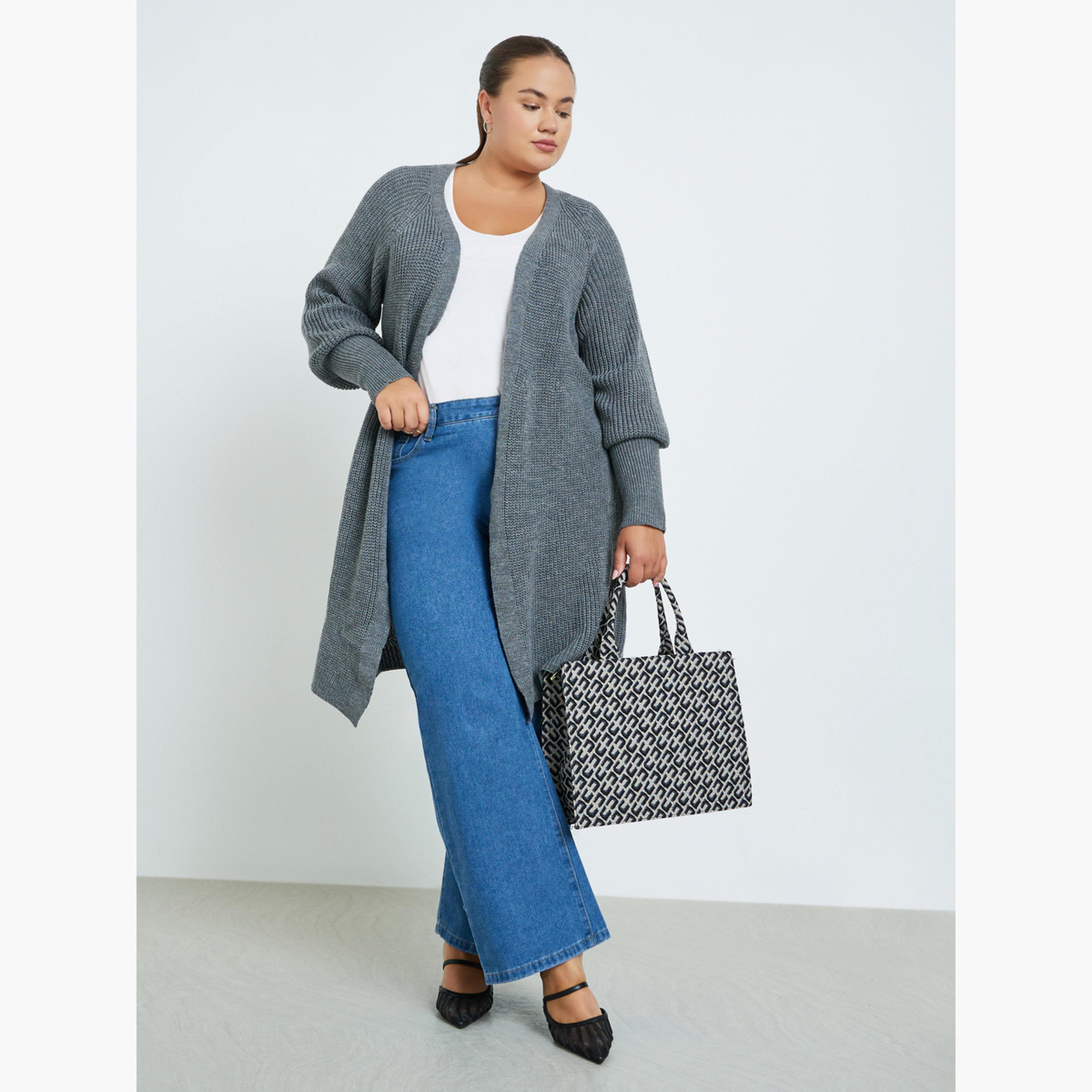 Styli Plus Size Charcoal Knit Long Sleeves Women's Open Front Cardigan-women-winterwear-cardigansandjumpers-cardigans-image-2