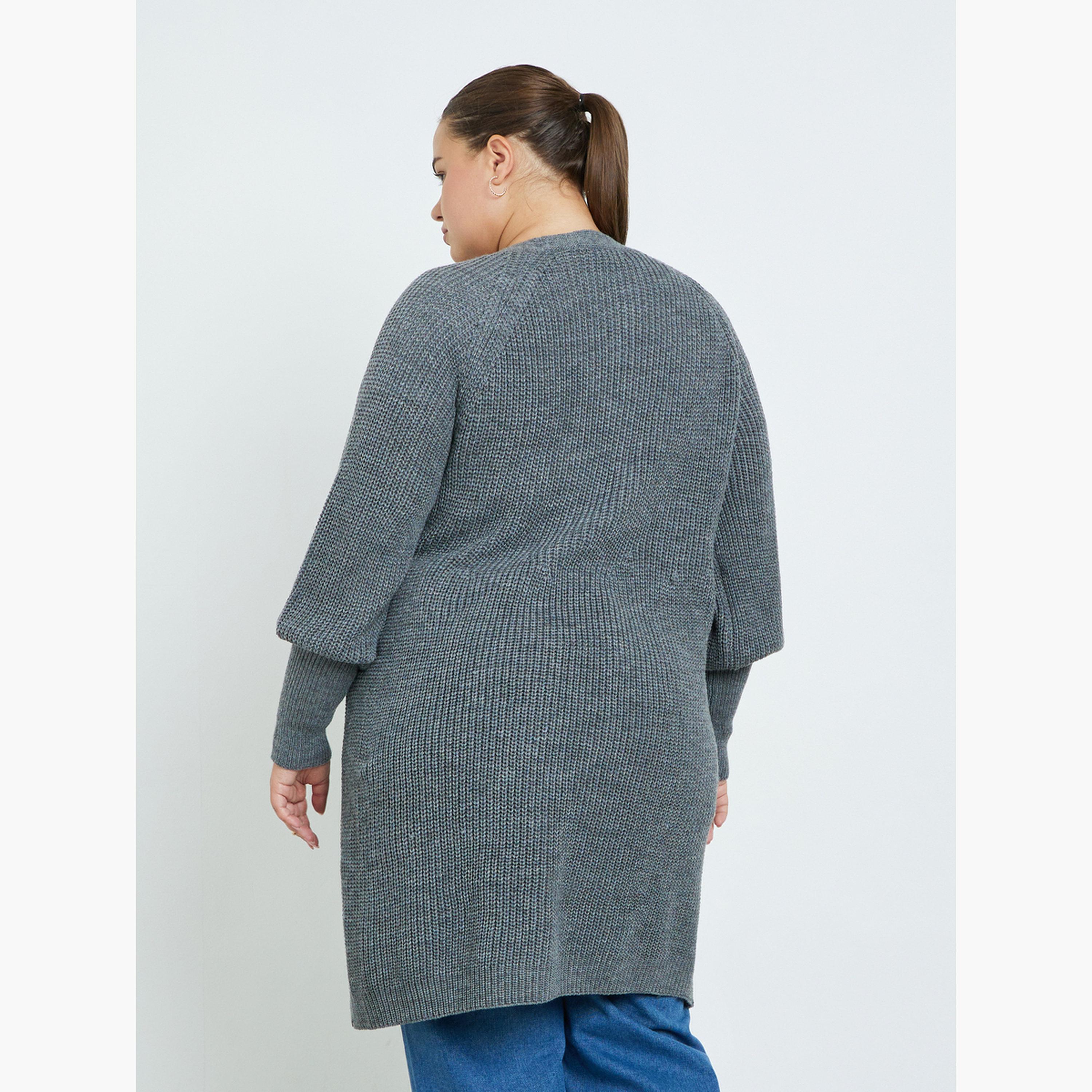 Styli Plus Size Charcoal Knit Long Sleeves Women's Open Front Cardigan-women-winterwear-cardigansandjumpers-cardigans-image-4