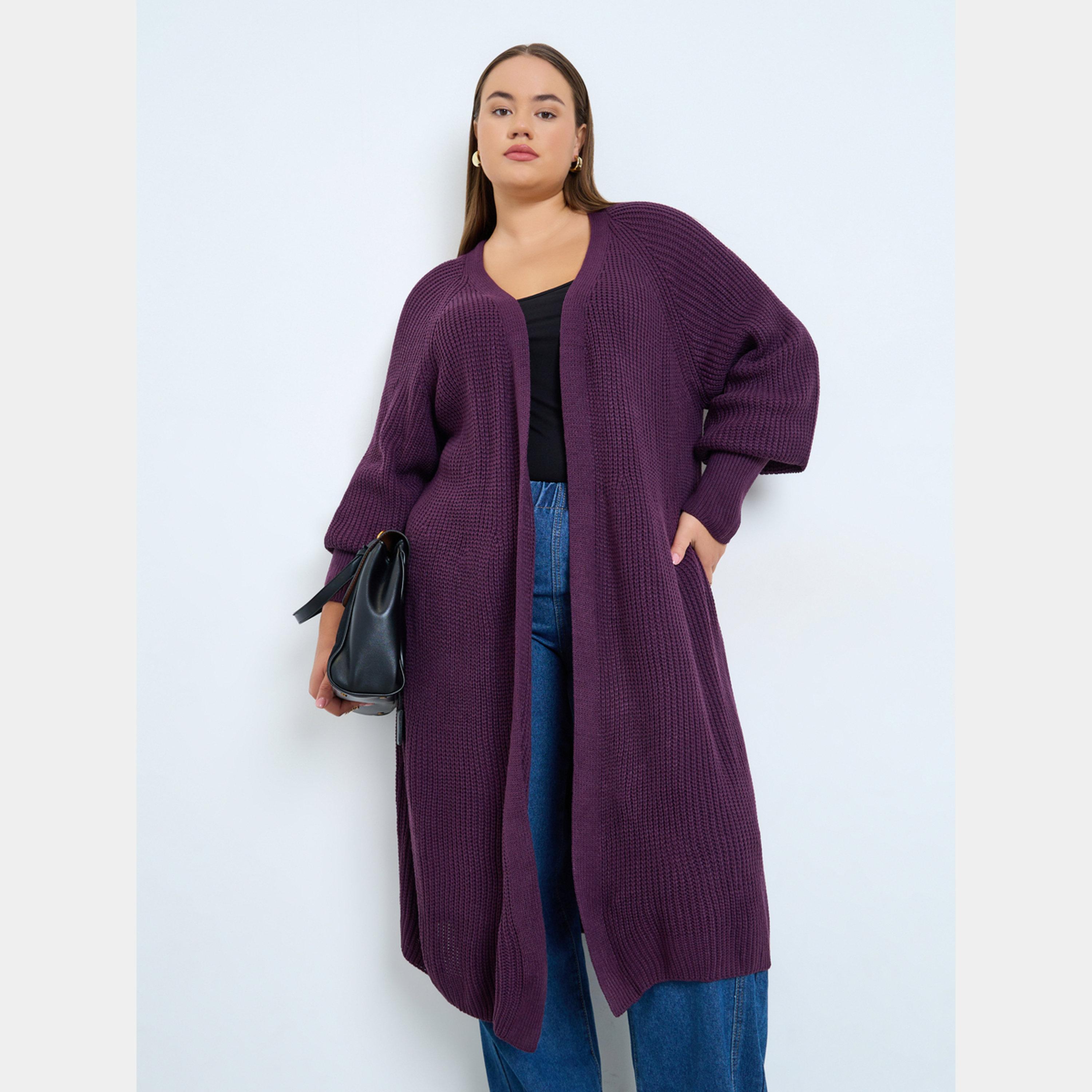 Styli Plus Size Purple Chunky Knit Long Cardigan-women-winterwear-cardigansandjumpers-cardigans-image-1