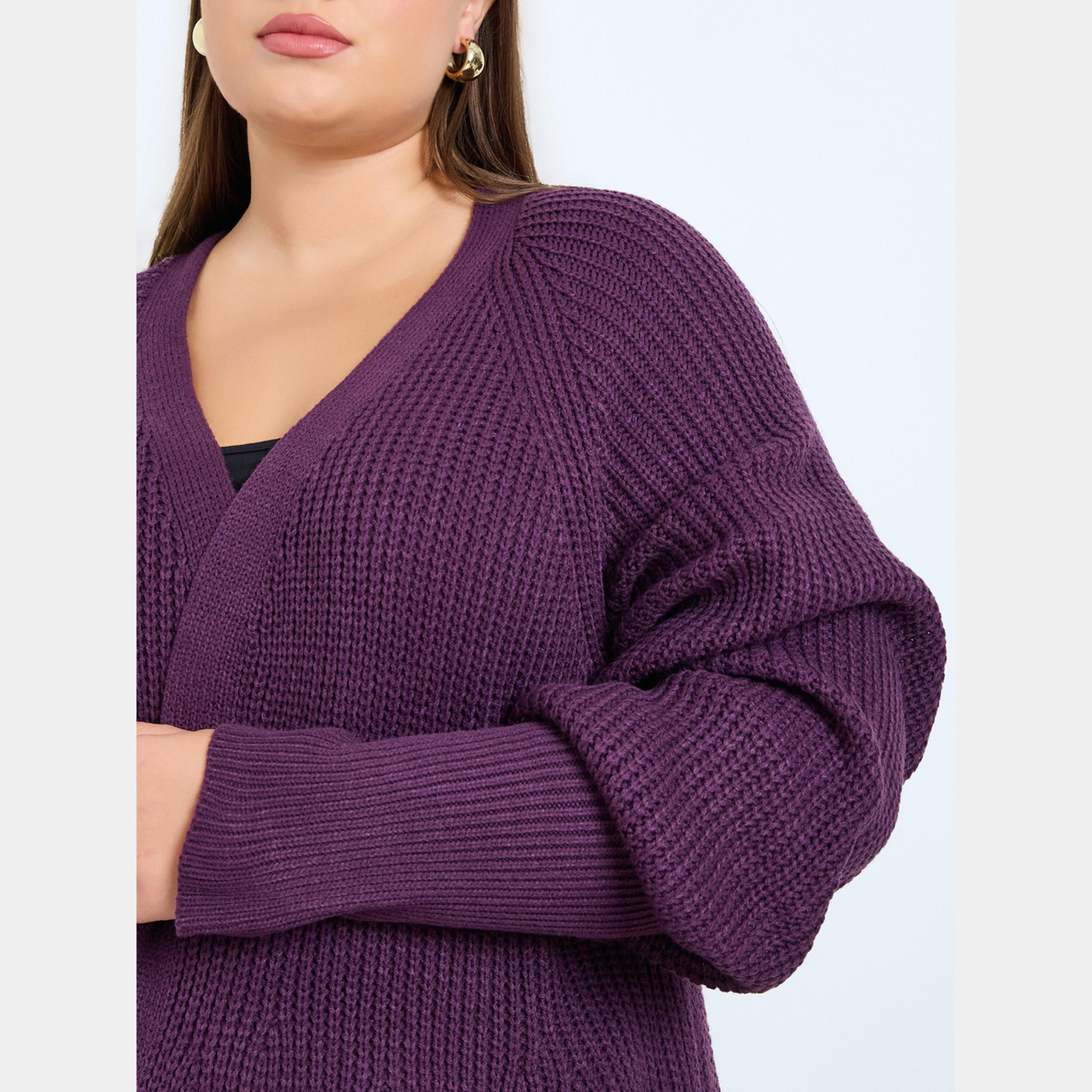 Styli Plus Size Purple Chunky Knit Long Cardigan-women-winterwear-cardigansandjumpers-cardigans-image-3