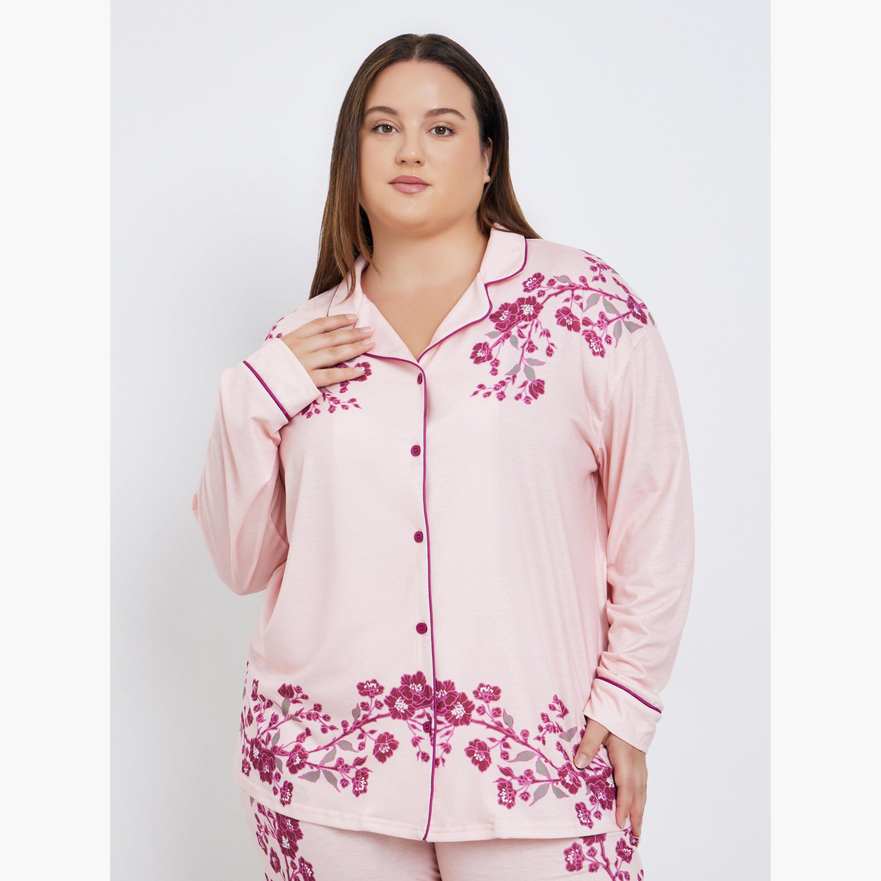 Styli Plus Placement Floral Print Button Long Sleeve Shirt and Pyjama Set-women-clothing-nightwear-pyjamas-longsets-image-2