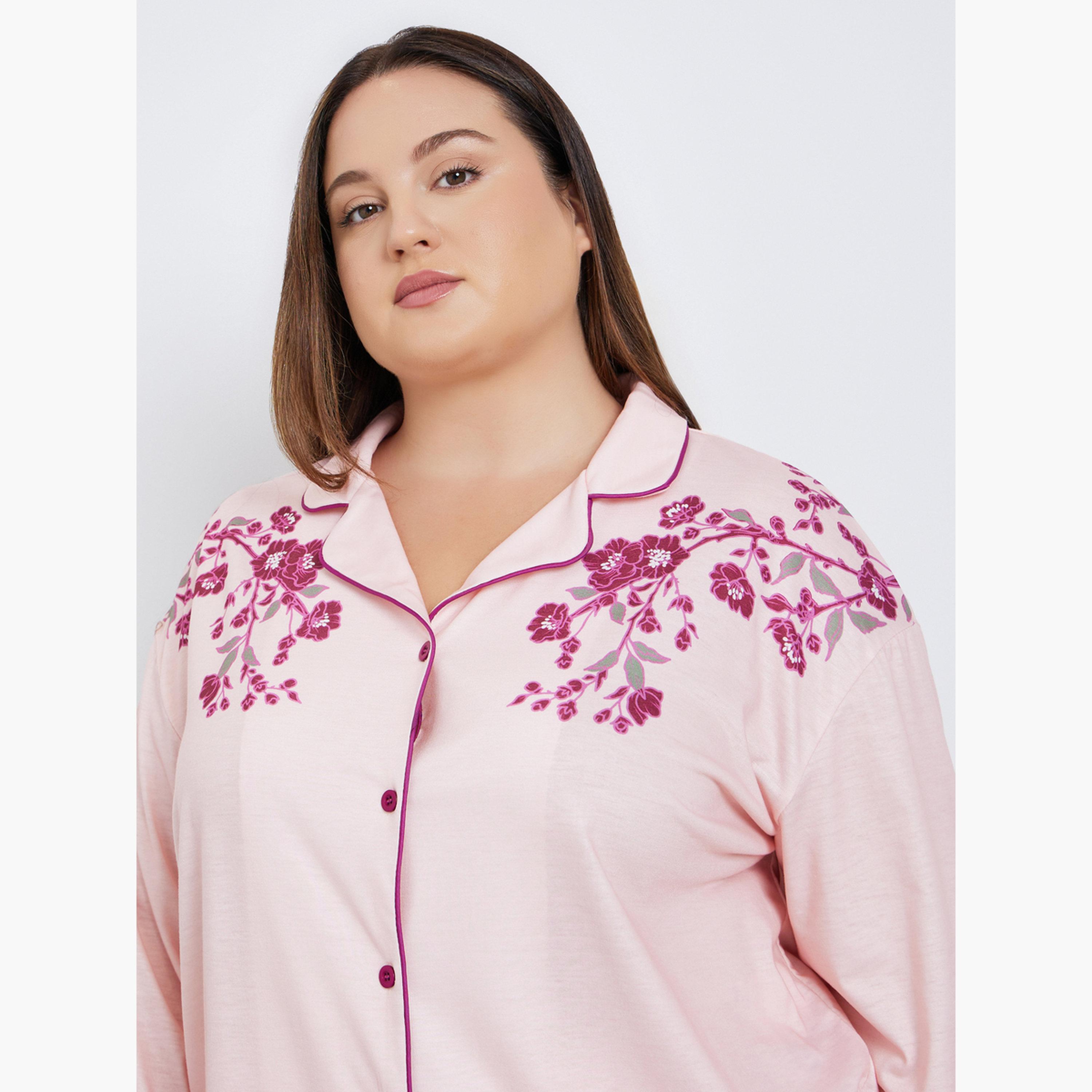 Styli Plus Placement Floral Print Button Long Sleeve Shirt and Pyjama Set-women-clothing-nightwear-pyjamas-longsets-image-3