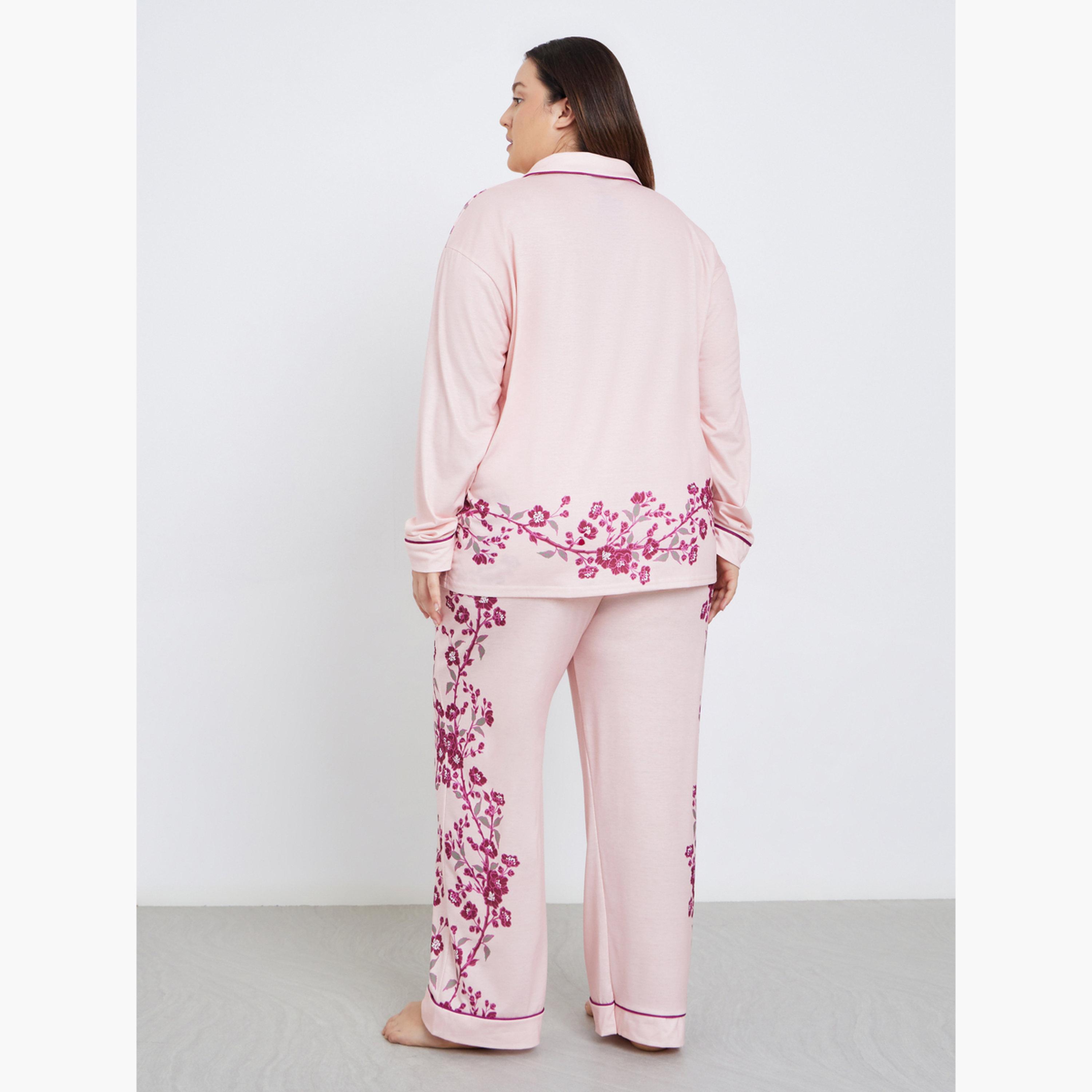 Styli Plus Placement Floral Print Button Long Sleeve Shirt and Pyjama Set-women-clothing-nightwear-pyjamas-longsets-image-5