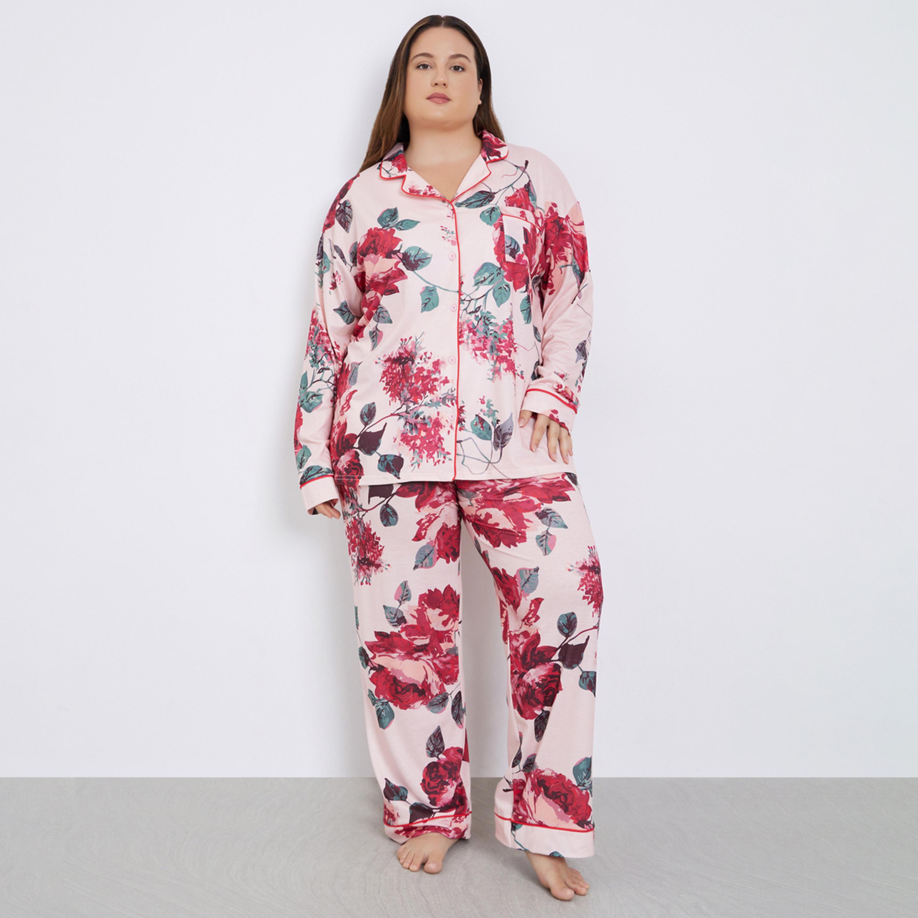 ستايلي - بيجاما قميص  بطبعة زهور مقاس كبير-women-clothing-nightwear-pyjamas-longsets-image-1