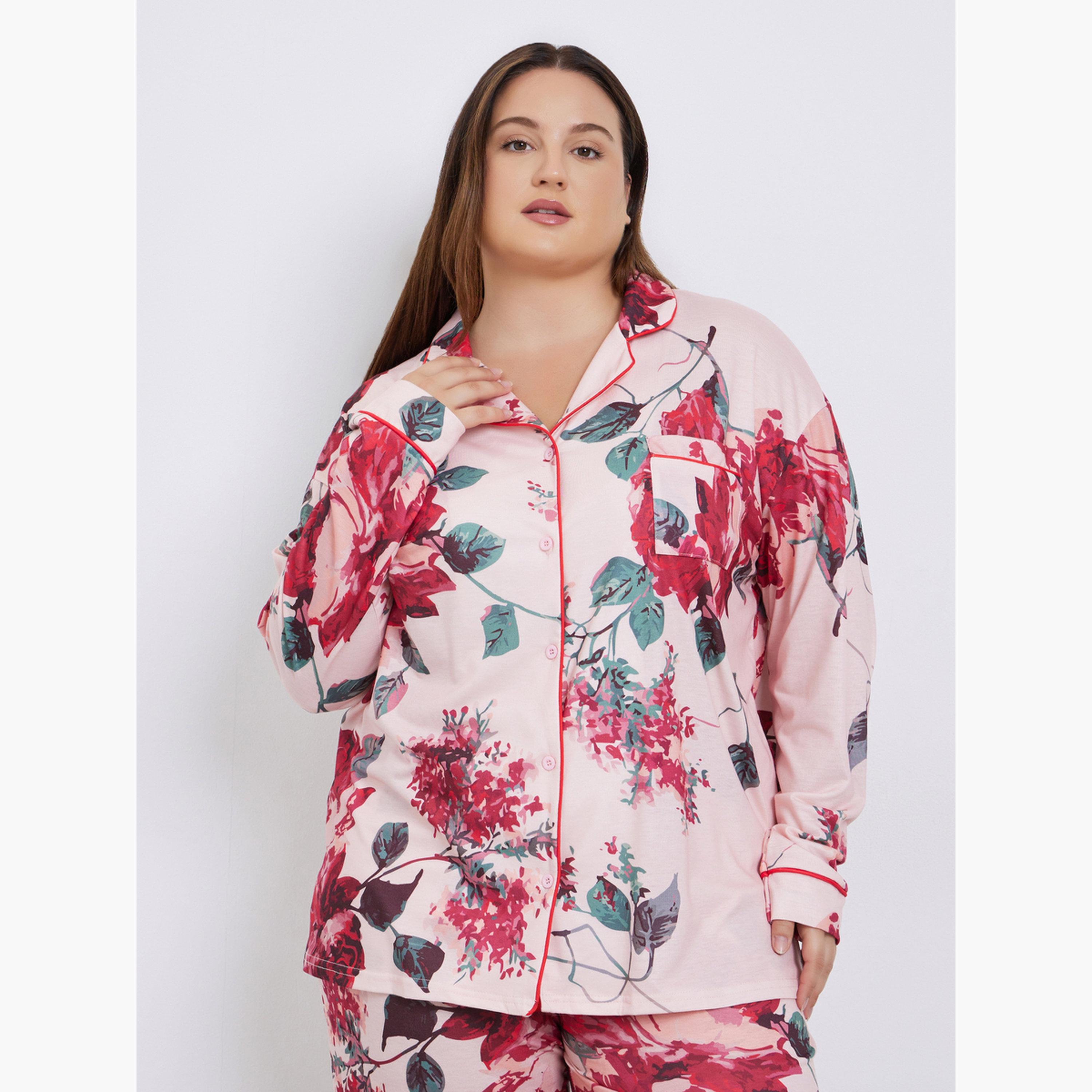 Styli Plus Size Big Scale Floral Print Shirt and Pyjama Set-women-clothing-nightwear-pyjamas-longsets-image-2