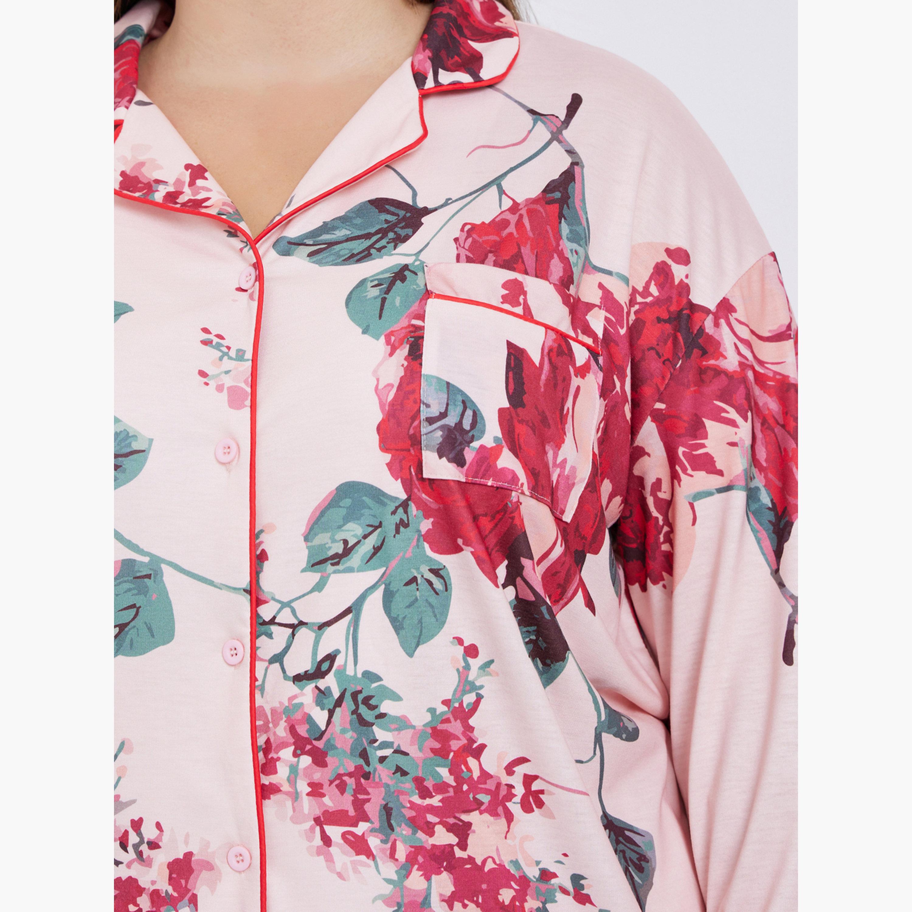 Styli Plus Size Big Scale Floral Print Shirt and Pyjama Set-women-clothing-nightwear-pyjamas-longsets-image-3