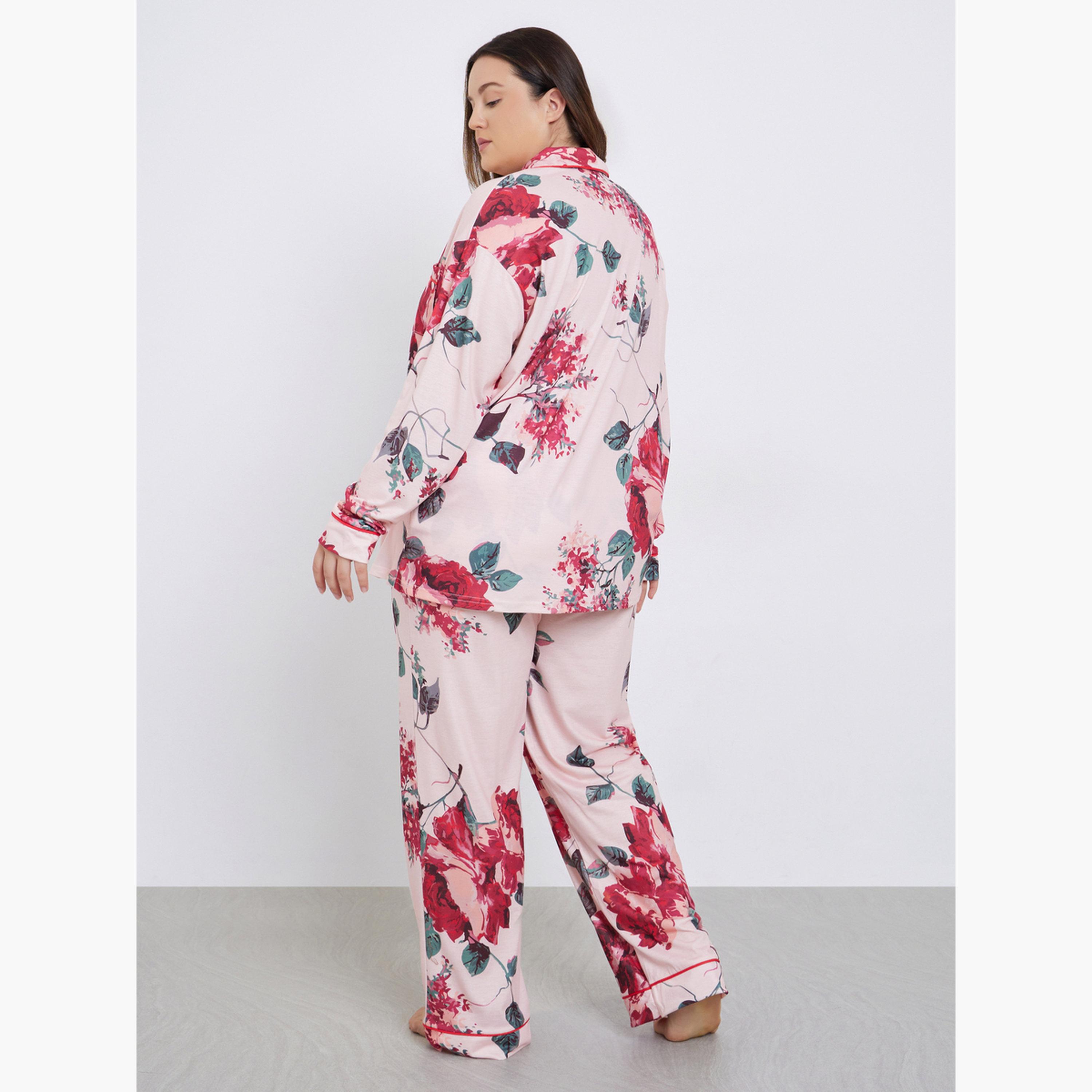 ستايلي - بيجاما قميص  بطبعة زهور مقاس كبير-women-clothing-nightwear-pyjamas-longsets-image-5