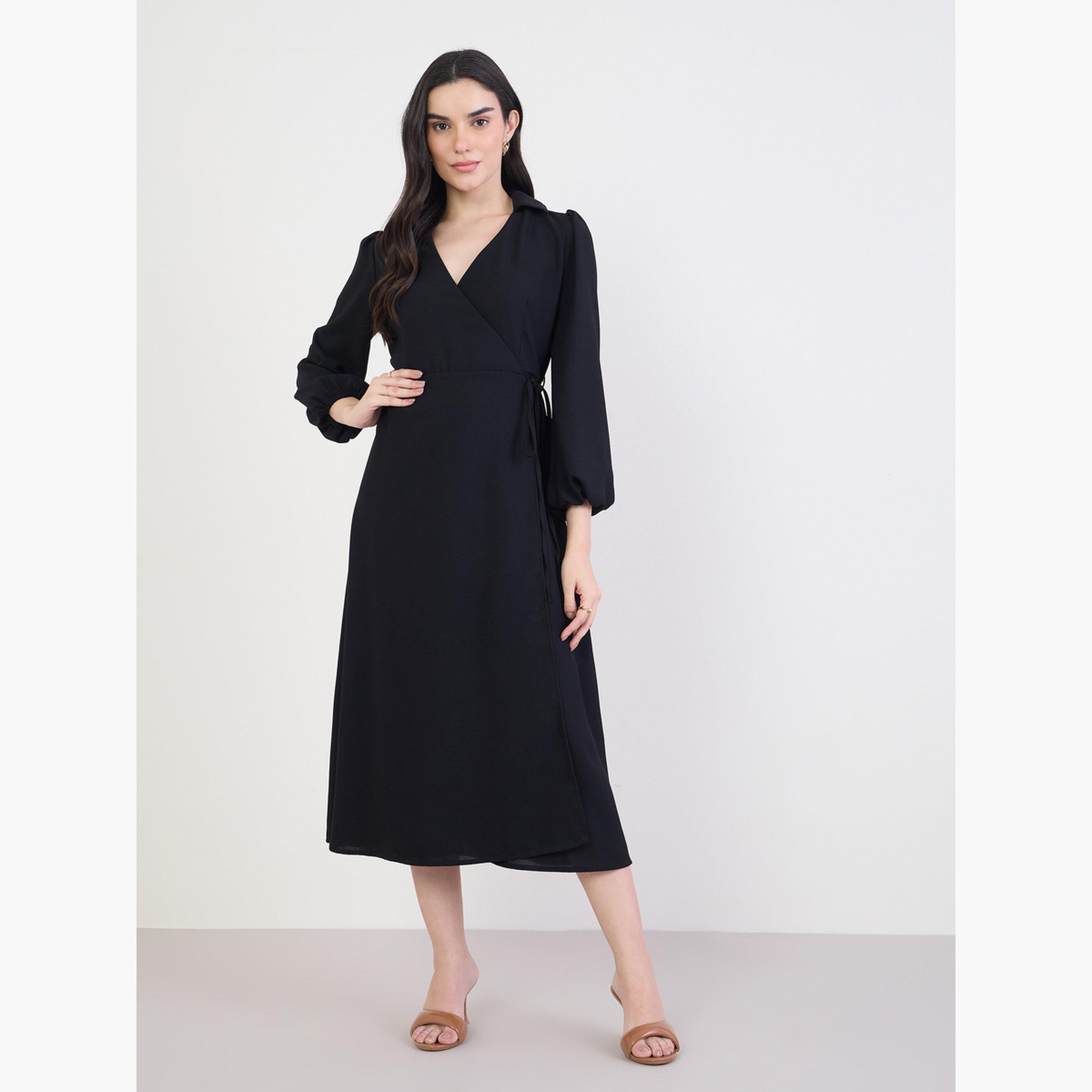 Buy Styli Women Black Balloon Sleeve Wrap Midi Dress Online | Centrepoint  Qatar