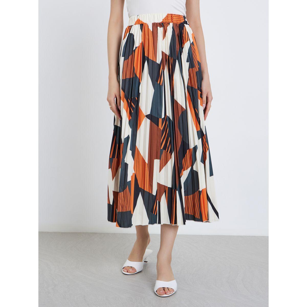 تيك تو - تنورة ميدي مطوية بطبعة هندسية للنساء-women-clothing-bottoms-skirts-image-2