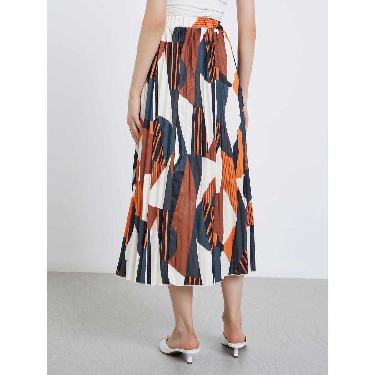 تيك تو - تنورة ميدي مطوية بطبعة هندسية للنساء-women-clothing-bottoms-skirts-image-4