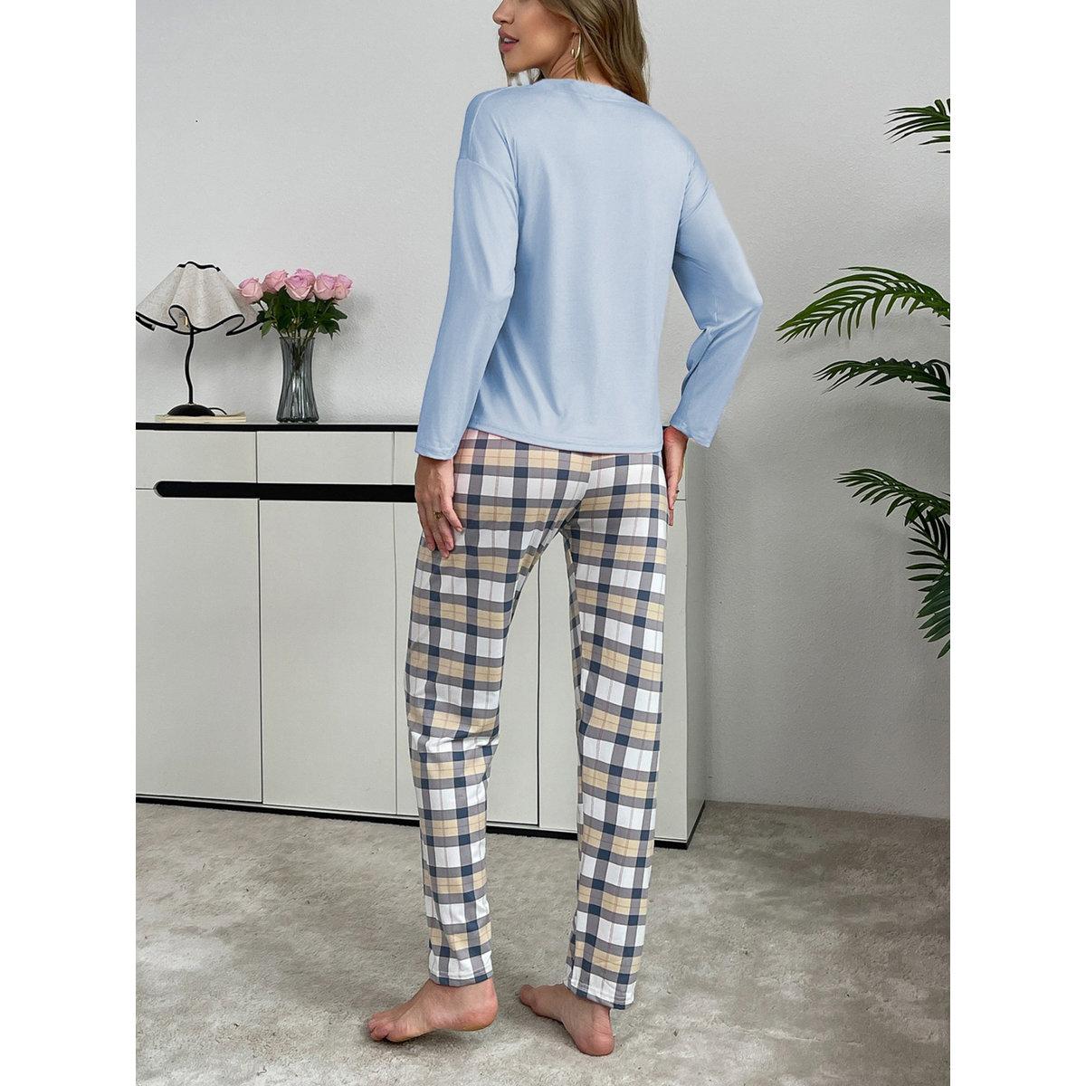 Take Two Blue Solid T-Shirt and Checked Pyjama Set-women-clothing-nightwear-pyjamas-longsets-image-2