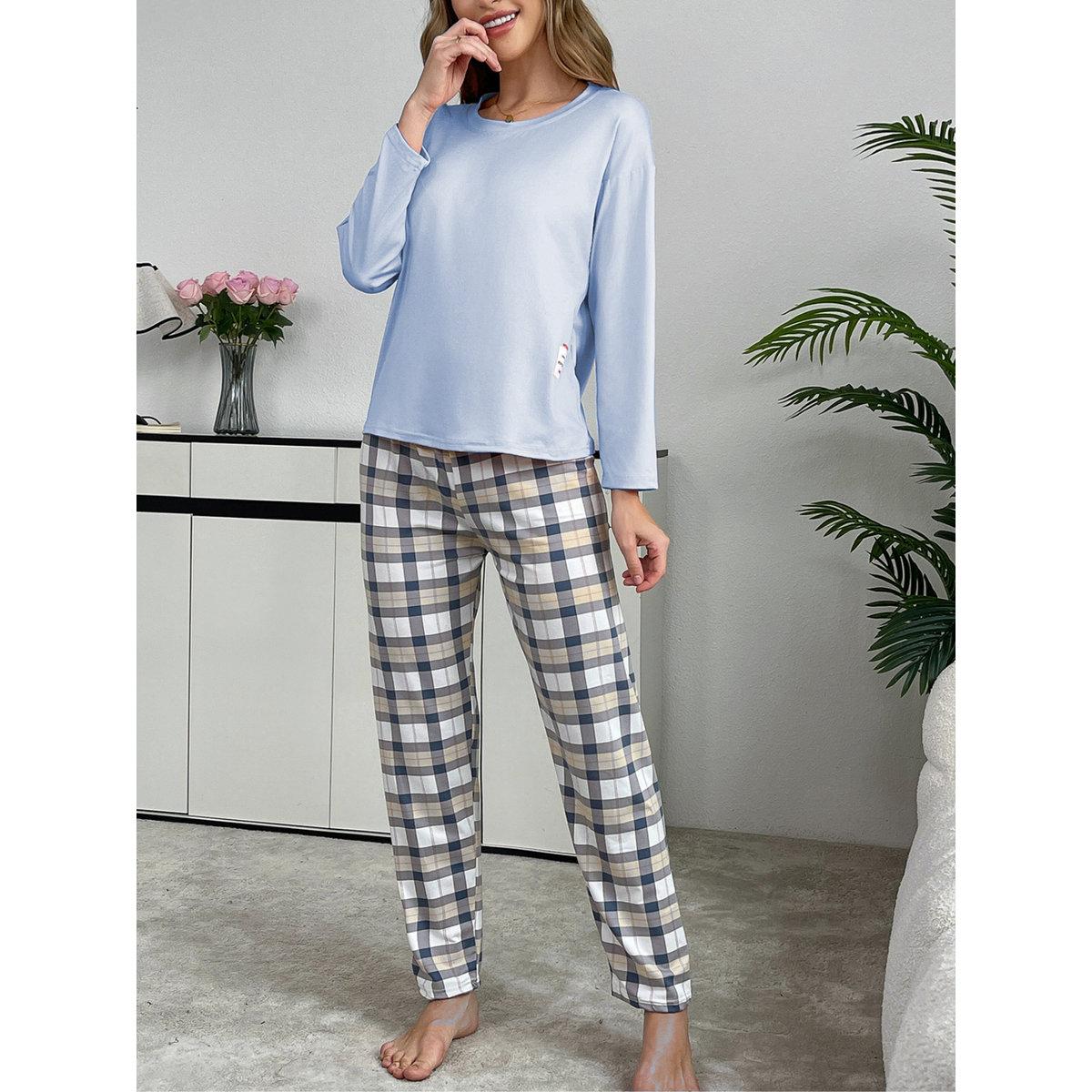 Take Two Blue Solid T-Shirt and Checked Pyjama Set-women-clothing-nightwear-pyjamas-longsets-image-3