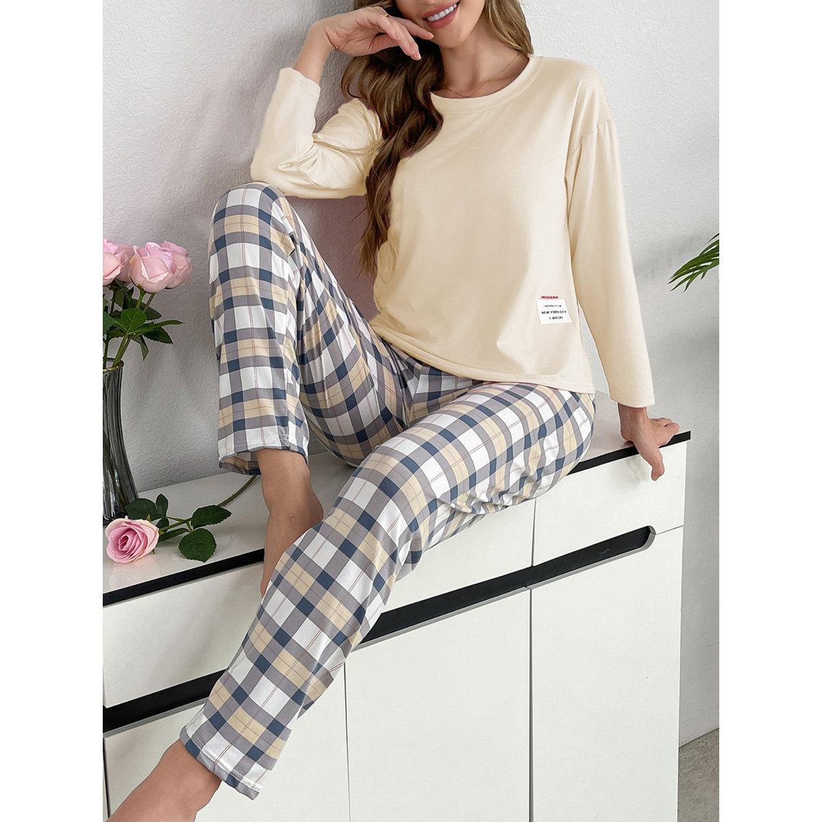 Take Two Cream Solid T-Shirt and Checked Pyjama Set-women-clothing-nightwear-pyjamas-longsets-image-3
