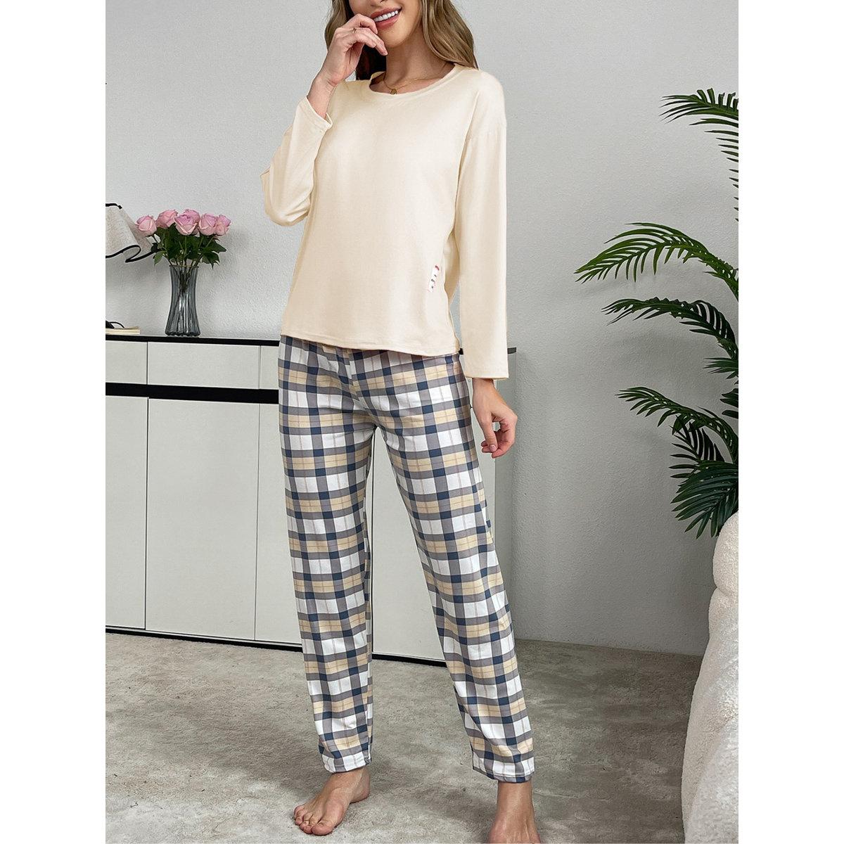 Take Two Cream Solid T-Shirt and Checked Pyjama Set-women-clothing-nightwear-pyjamas-longsets-image-5