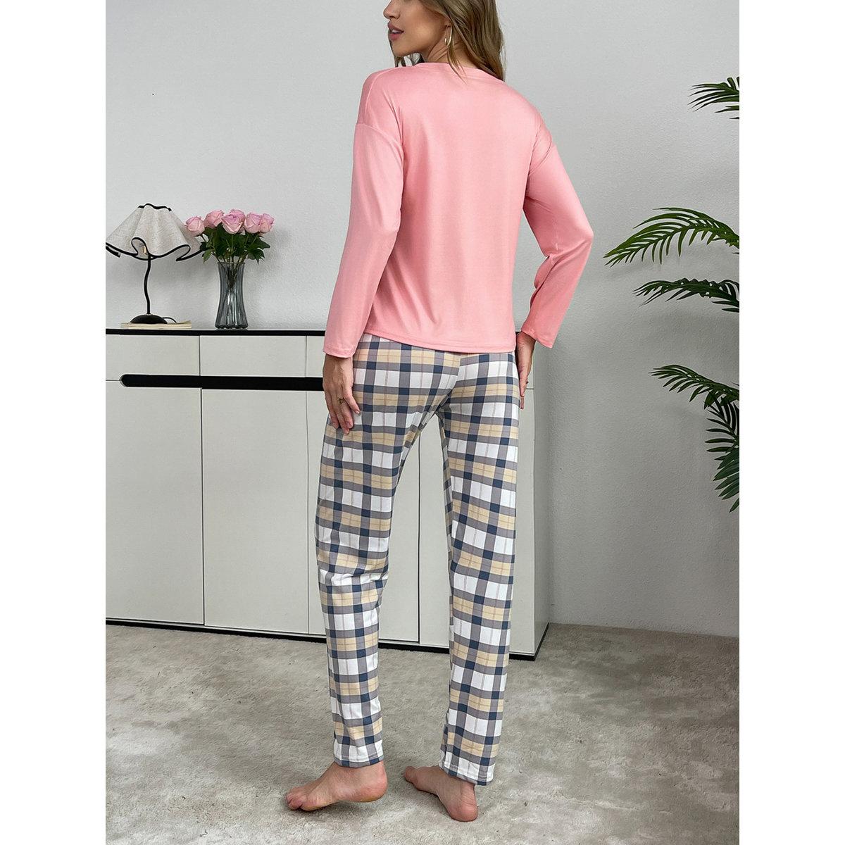 Take Two Pink Solid T-Shirt and Checked Pyjama Set-women-clothing-nightwear-pyjamas-longsets-image-2
