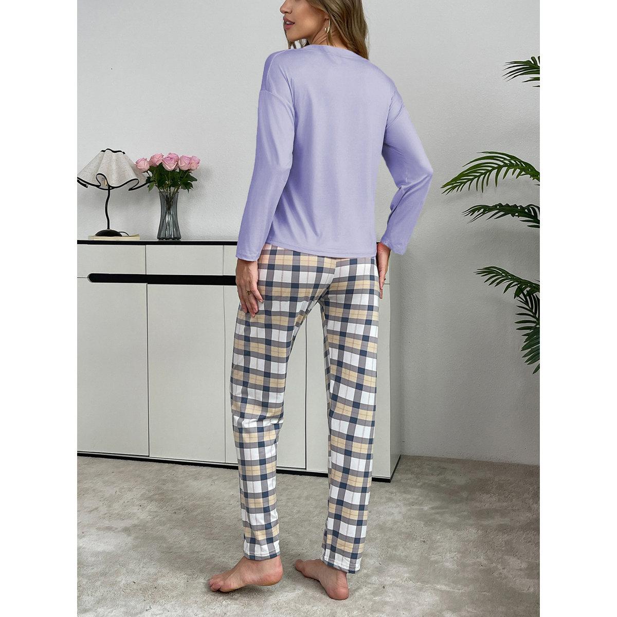 Take Two Purple Solid T-Shirt and Checked Pyjama Set-women-clothing-nightwear-pyjamas-longsets-image-2