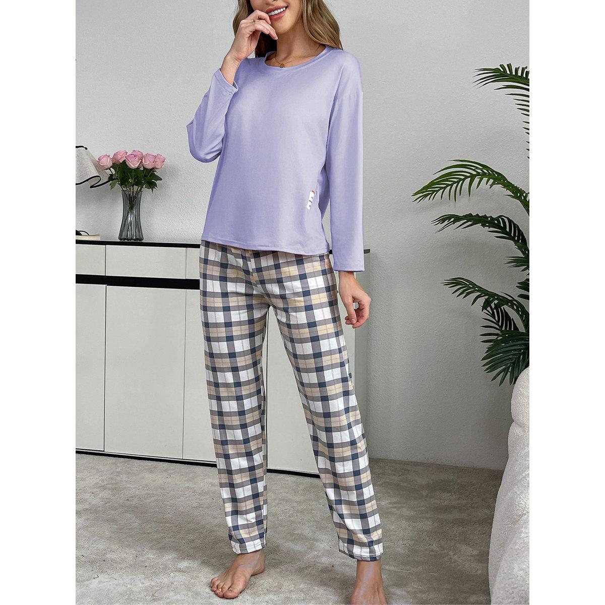 Take Two Purple Solid T-Shirt and Checked Pyjama Set-women-clothing-nightwear-pyjamas-longsets-image-4