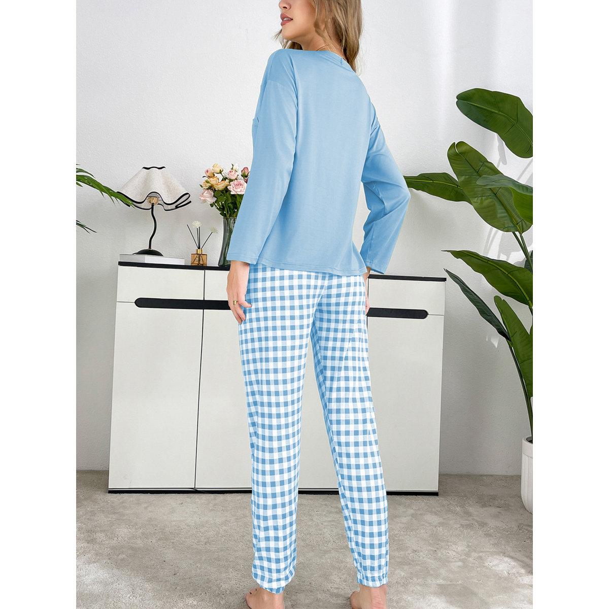 Take Two Blue Plain T-Shirt and Checked Pyjama Set-women-clothing-nightwear-pyjamas-longsets-image-2
