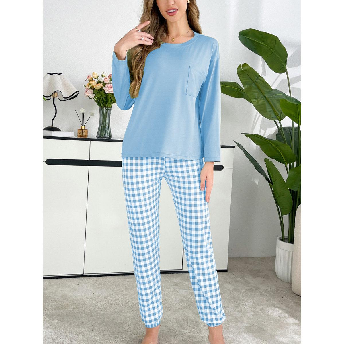 Take Two Blue Plain T-Shirt and Checked Pyjama Set-women-clothing-nightwear-pyjamas-longsets-image-3