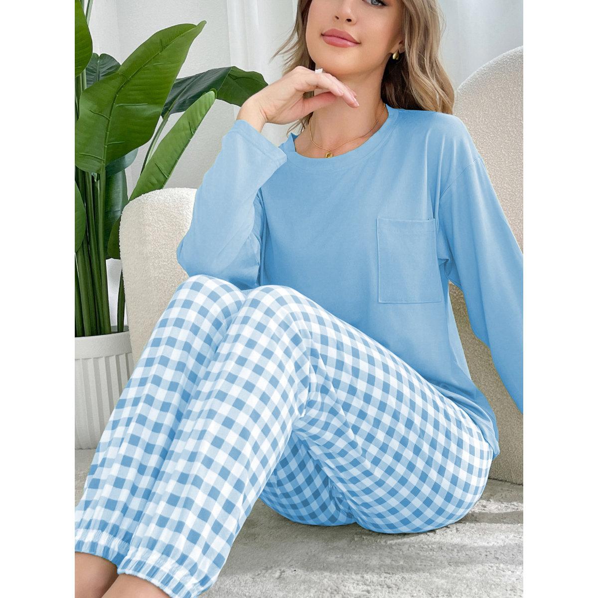 طقم من بنطال بيجاما بطبعة مربعات وتيشيرت سادة-women-clothing-nightwear-pyjamas-longsets-image-5