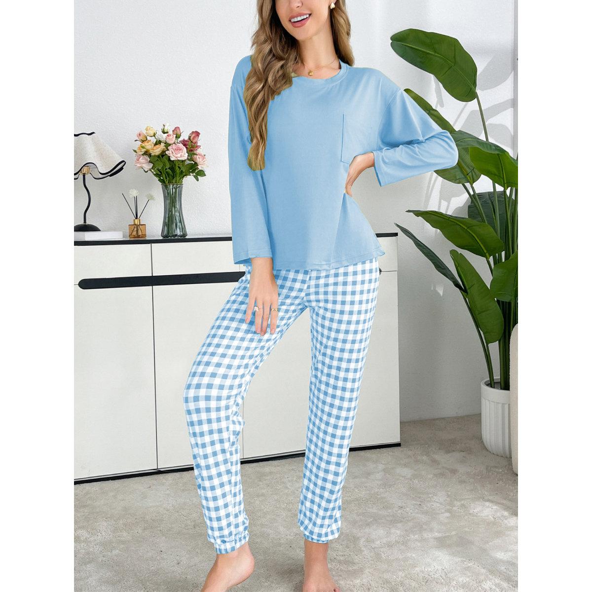 طقم من بنطال بيجاما بطبعة مربعات وتيشيرت سادة-women-clothing-nightwear-pyjamas-longsets-image-6
