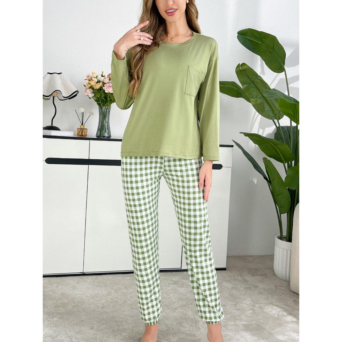 Take Two Green Plain T-Shirt and Checked Pyjama Set-women-clothing-nightwear-pyjamas-longsets-image-3