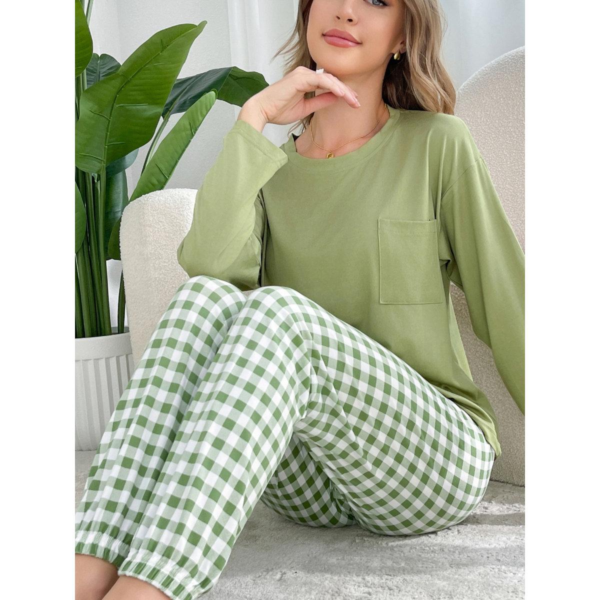 Take Two Green Plain T-Shirt and Checked Pyjama Set-women-clothing-nightwear-pyjamas-longsets-image-4