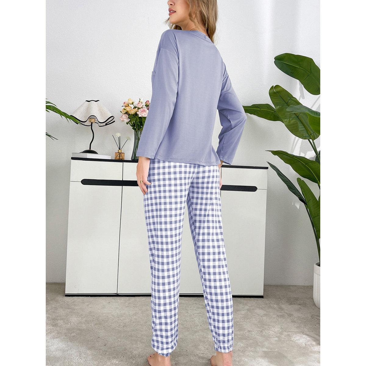 Take Two Purple Plain T-Shirt and Checked Pyjama Set-women-clothing-nightwear-pyjamas-longsets-image-2