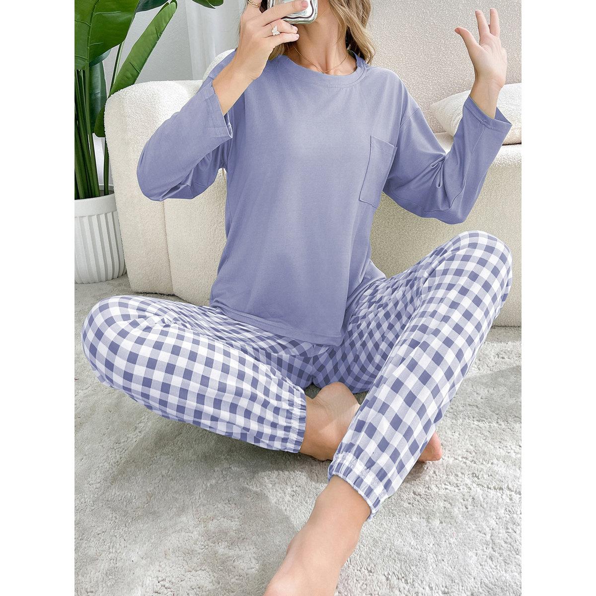 Take Two Purple Plain T-Shirt and Checked Pyjama Set-women-clothing-nightwear-pyjamas-longsets-image-3