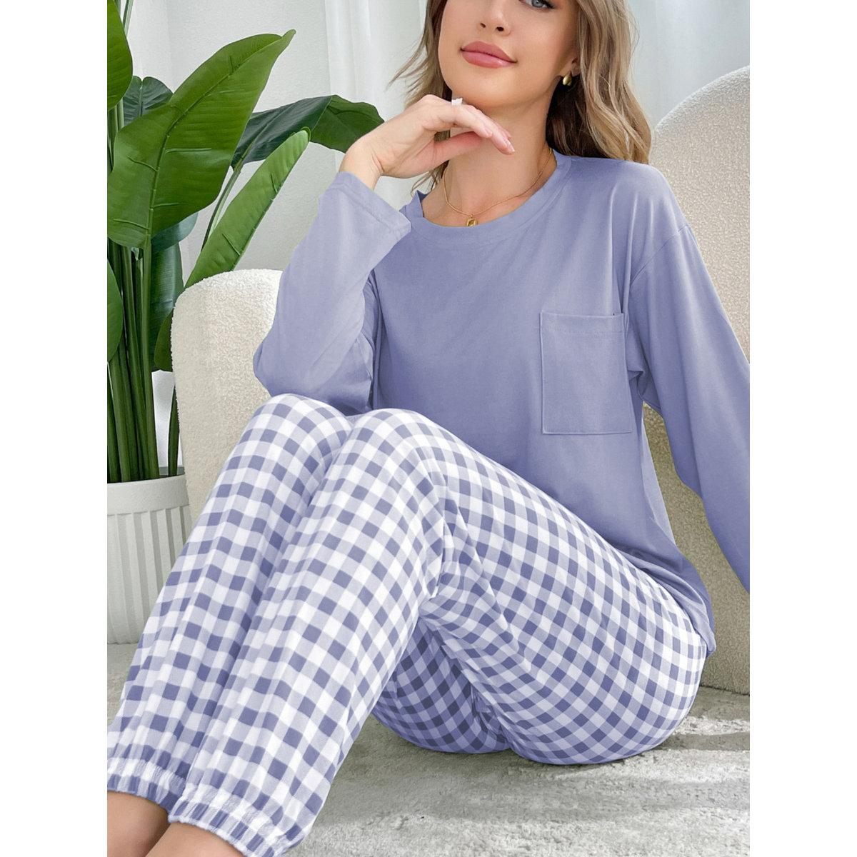 Take Two Purple Plain T-Shirt and Checked Pyjama Set-women-clothing-nightwear-pyjamas-longsets-image-4