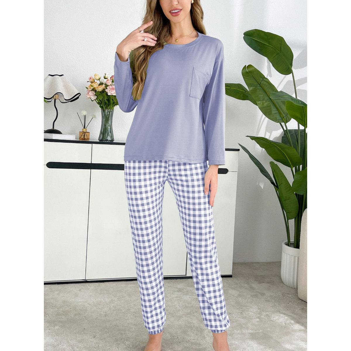 طقم من بنطال بيجاما بطبعة مربعات وتيشيرت سادة-women-clothing-nightwear-pyjamas-longsets-image-6