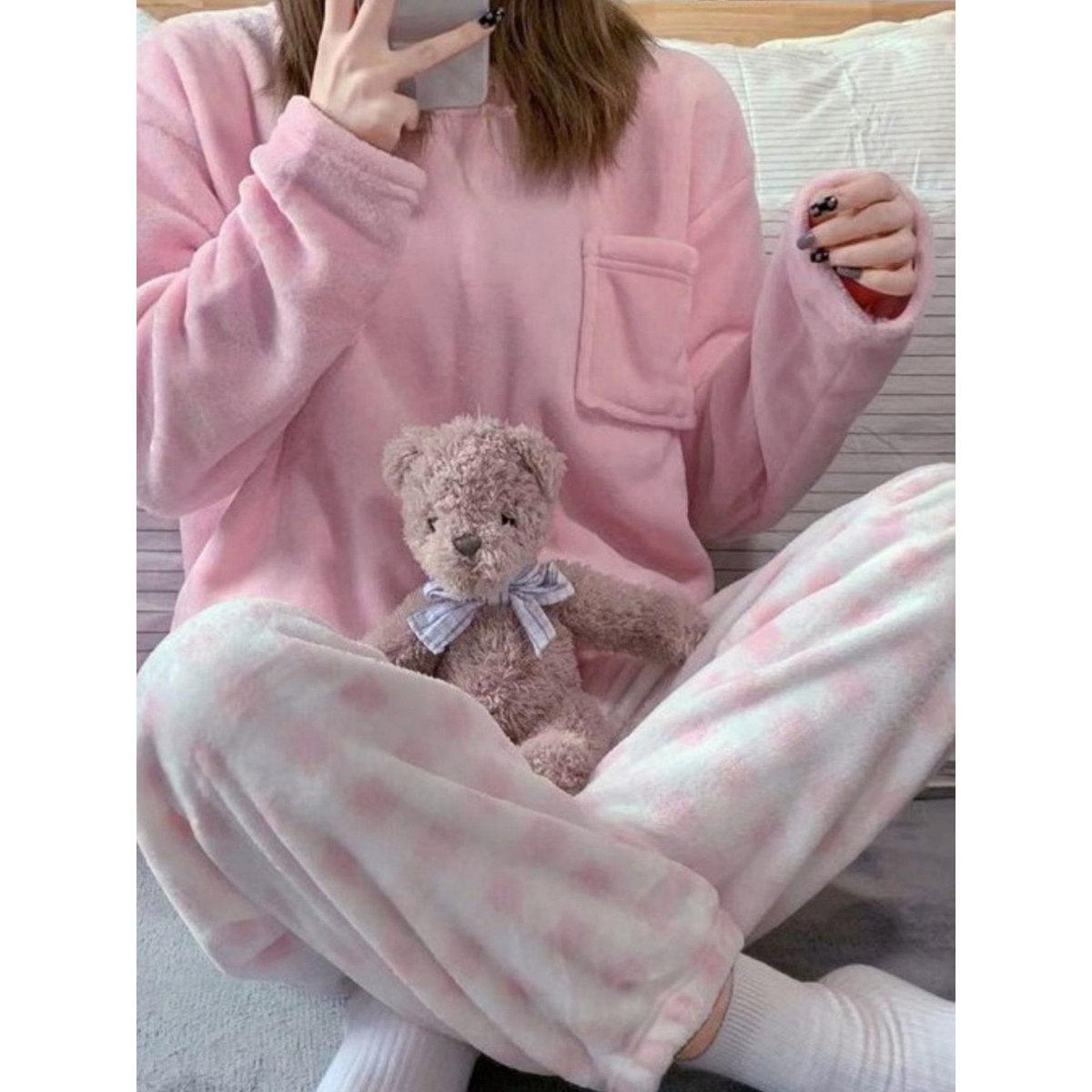 Take Two Pink Flano Pocket Detail Top and Checked Pyjama Set-women-clothing-nightwear-pyjamas-longsets-image-3
