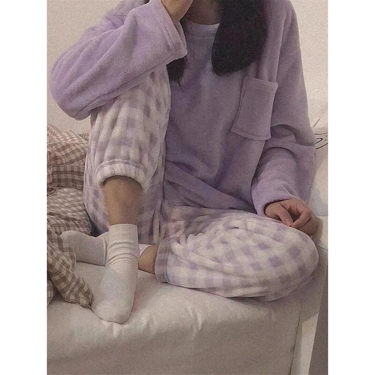 Take Two Purple Flano Pocket Detail Top and Checked Pyjama Set-women-clothing-nightwear-pyjamas-longsets-image-4