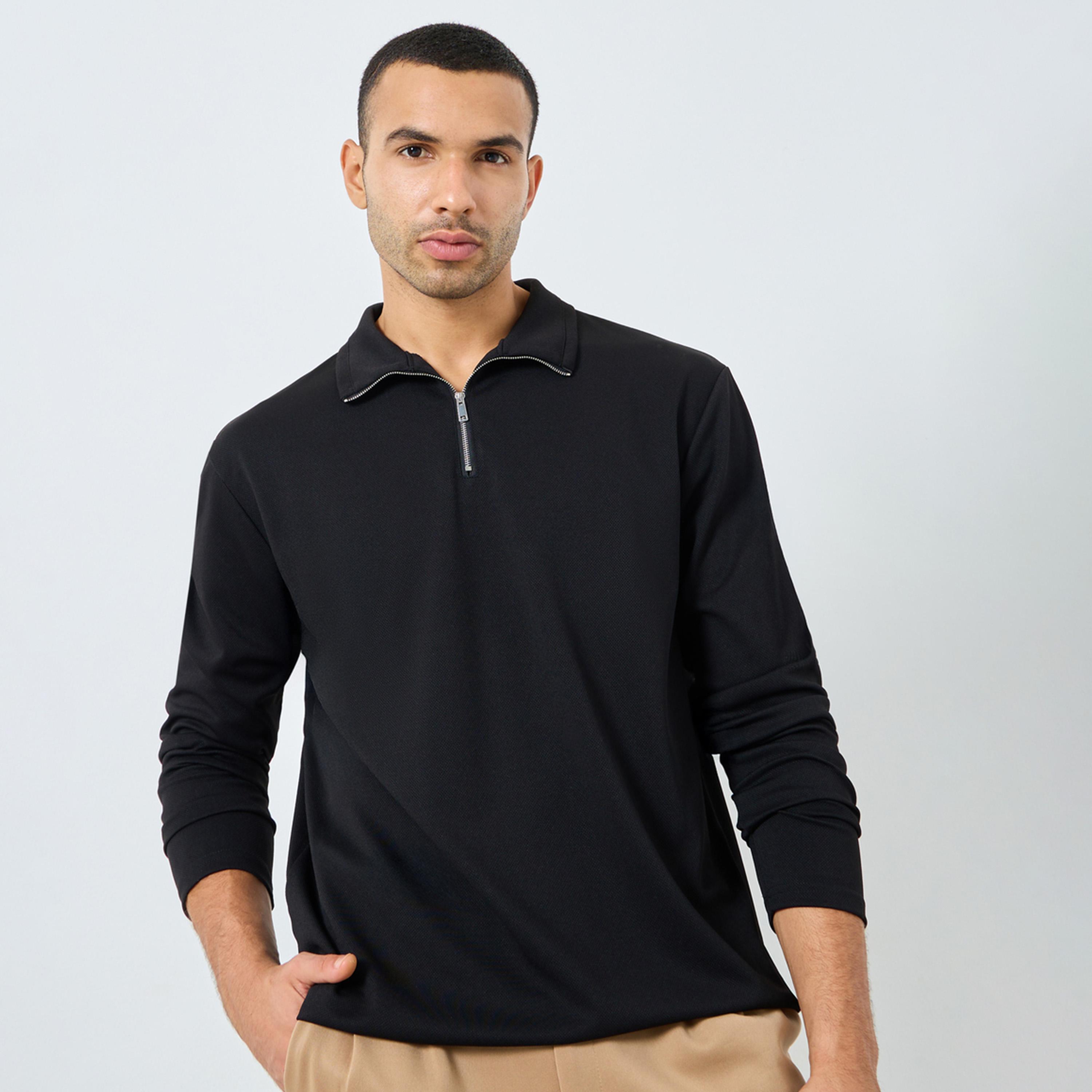 ستايلي - سويت شيرت رجالي أسود بسحاب ربعي منقوش-men-winterwear-hoodiesandsweatshirts-image-1
