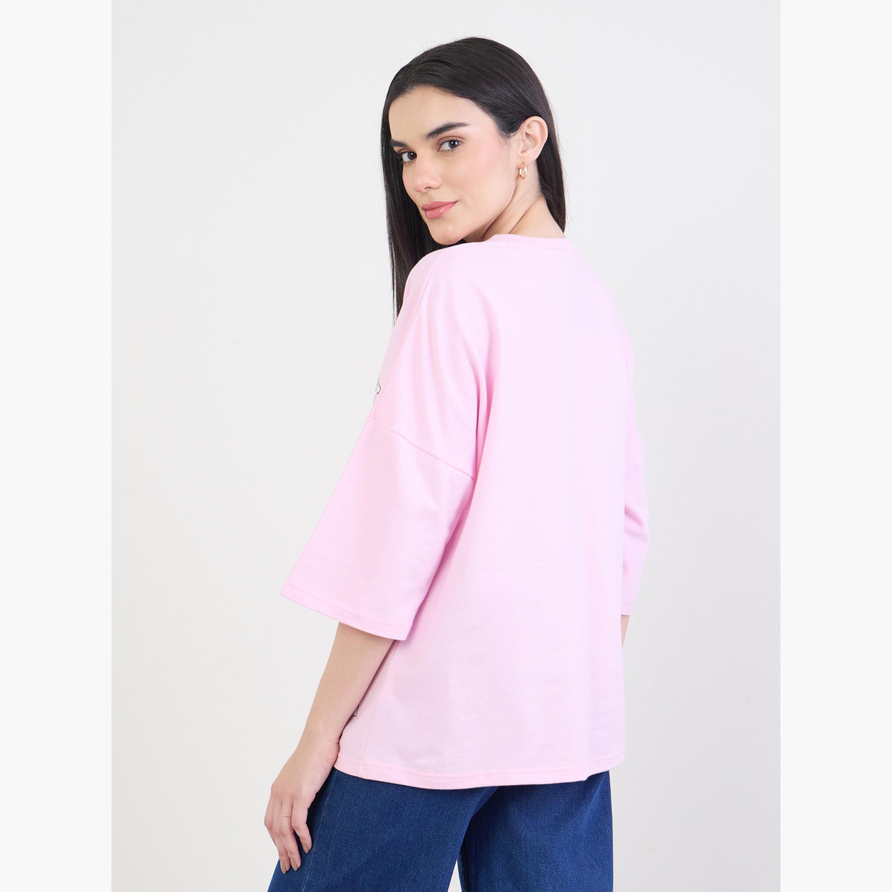 ستايلي - تي شيرت مقاس واسع برسومات نيويورك لون وردي-women-clothing-tshirts-image-5