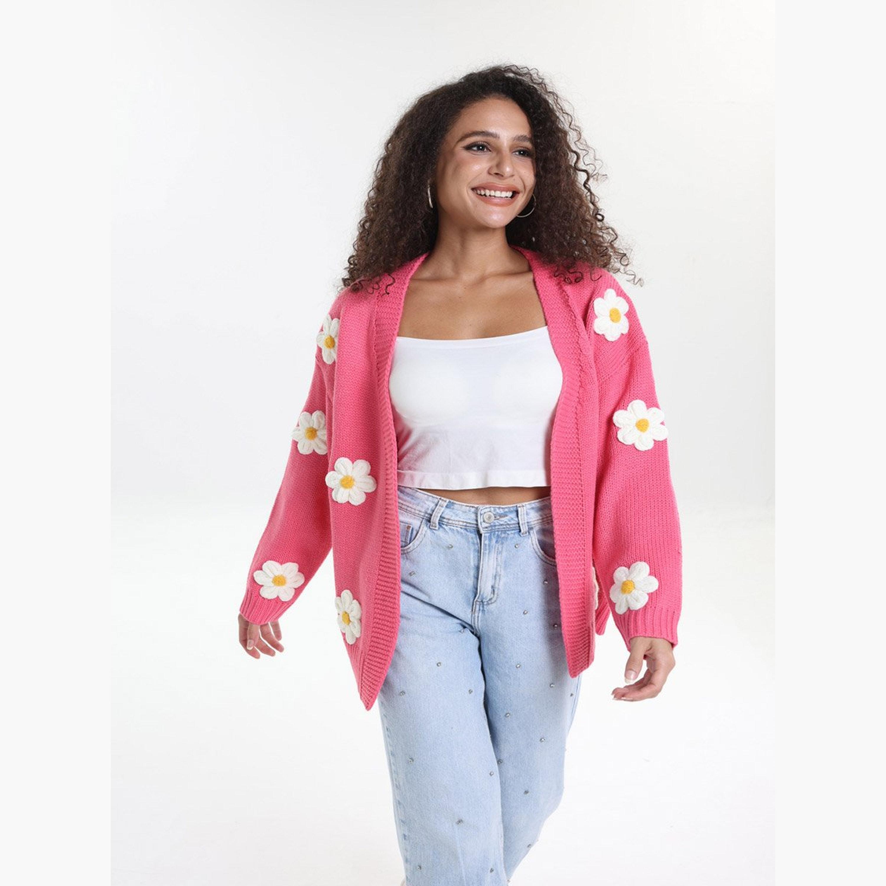 Take Two Plus Size Pink Flower Embroidery Knit Cardigan-women-clothing-coatsandjackets-coats-image-1