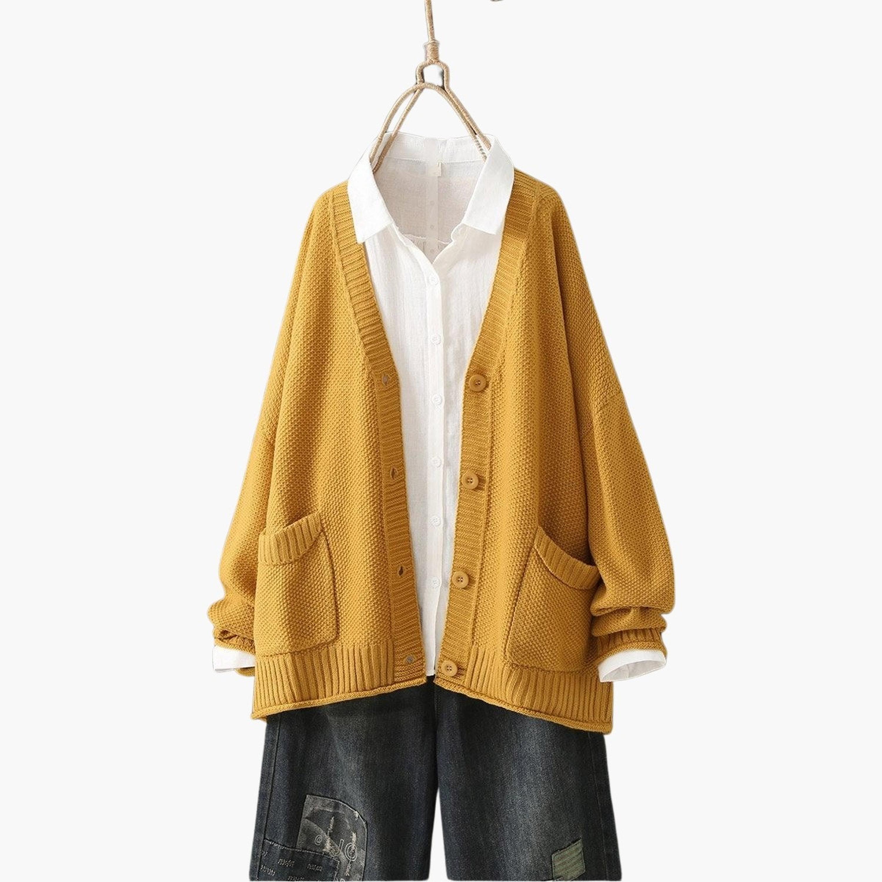تيك تو - كارديغان محبوك بلون الخردل مقاس كبير-women-clothing-coatsandjackets-coats-image-4