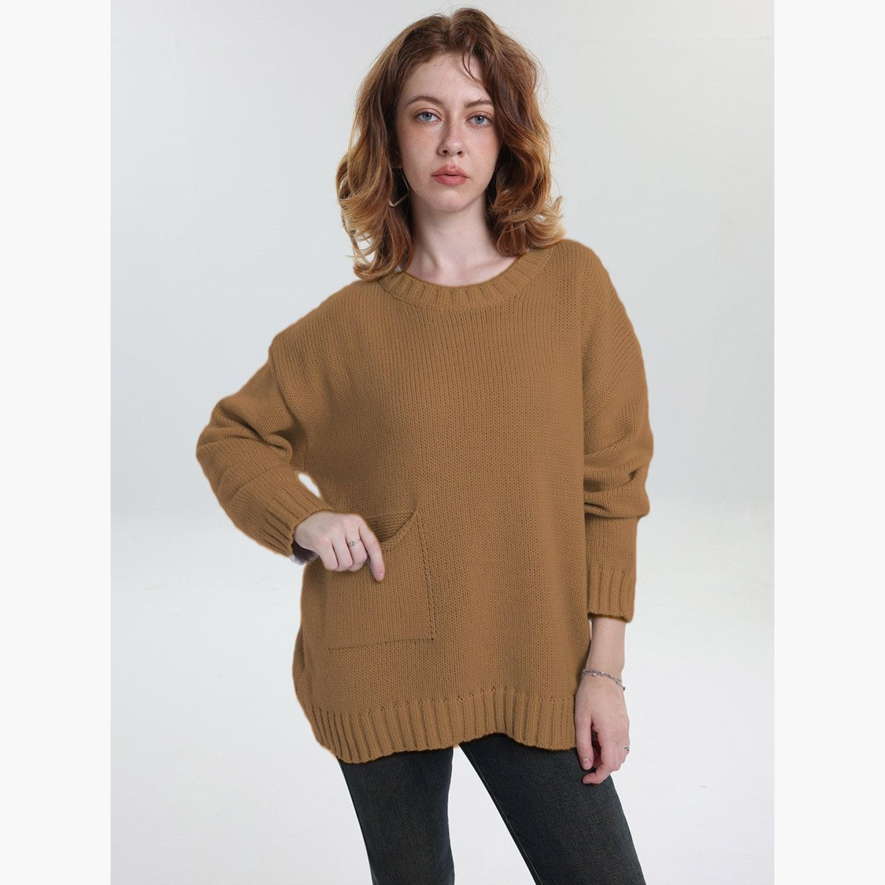 Take Two Plus Size Brown Pocket Detail Knit Sweater-women-winterwear-cardigansandjumpers-jumpers-image-1