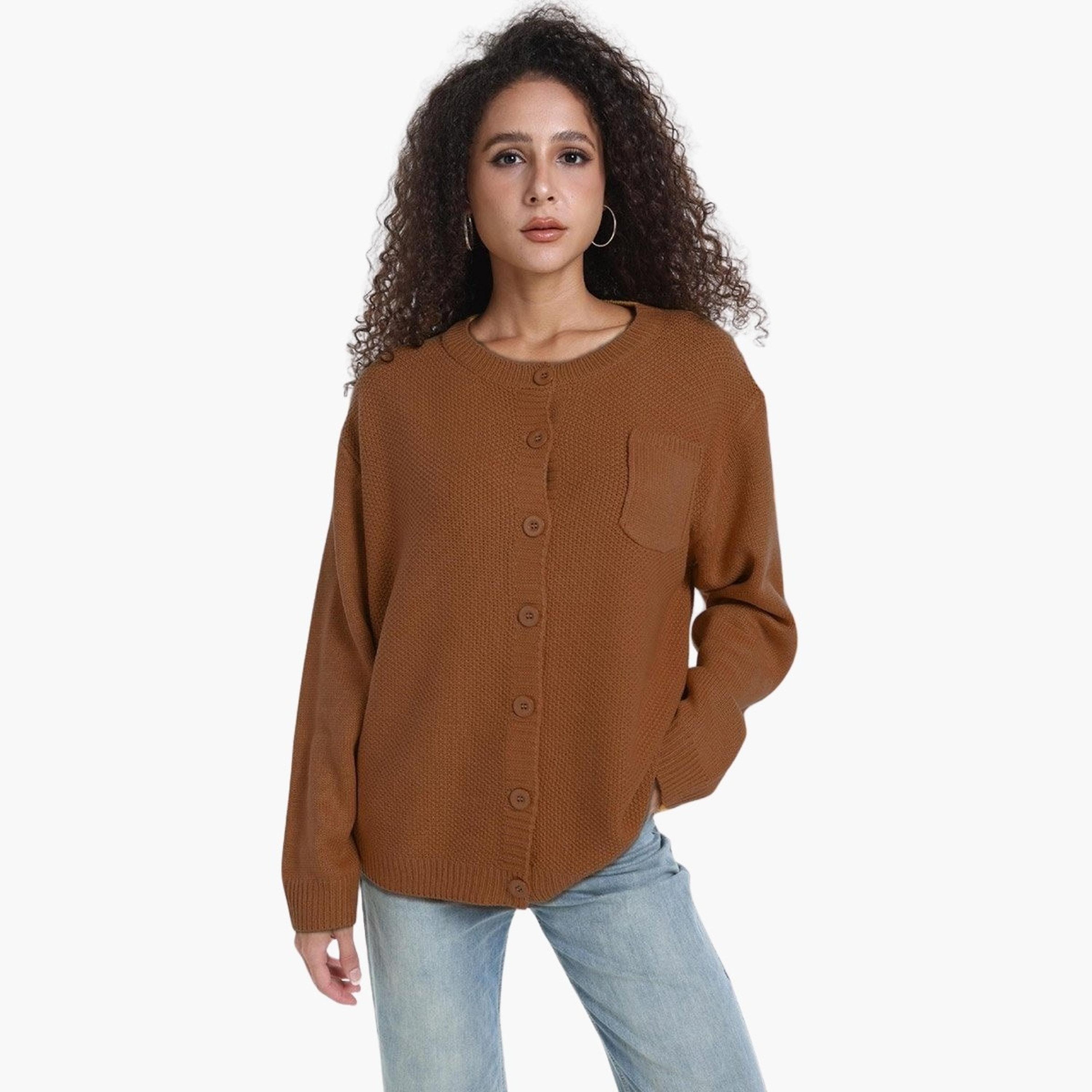 Take Two Plus Size Brown Button Front Knit Cardigan-women-clothing-plussize-coatsandjackets-coats-image-1