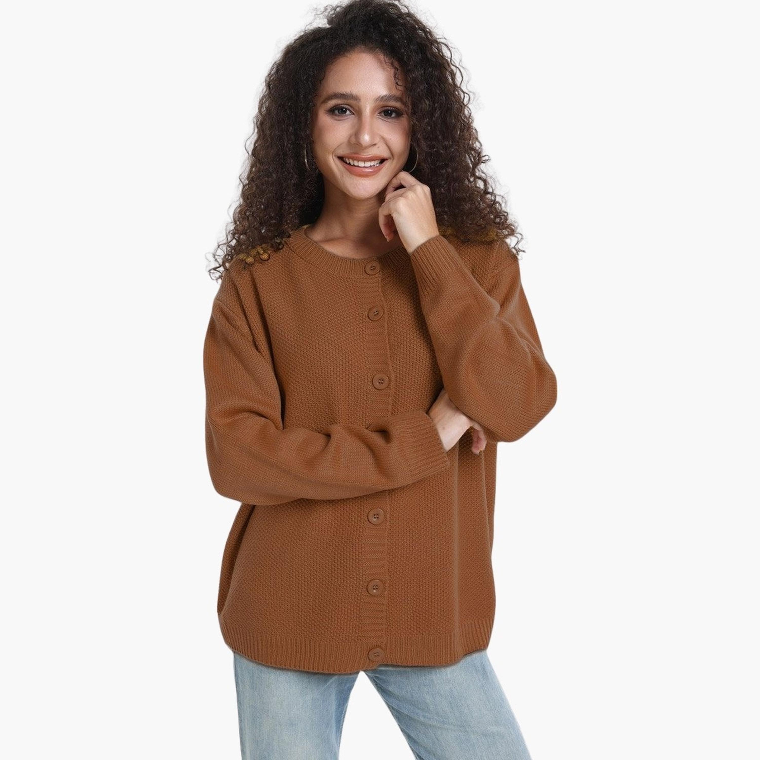 Take Two Plus Size Brown Button Front Knit Cardigan-women-clothing-plussize-coatsandjackets-coats-image-2