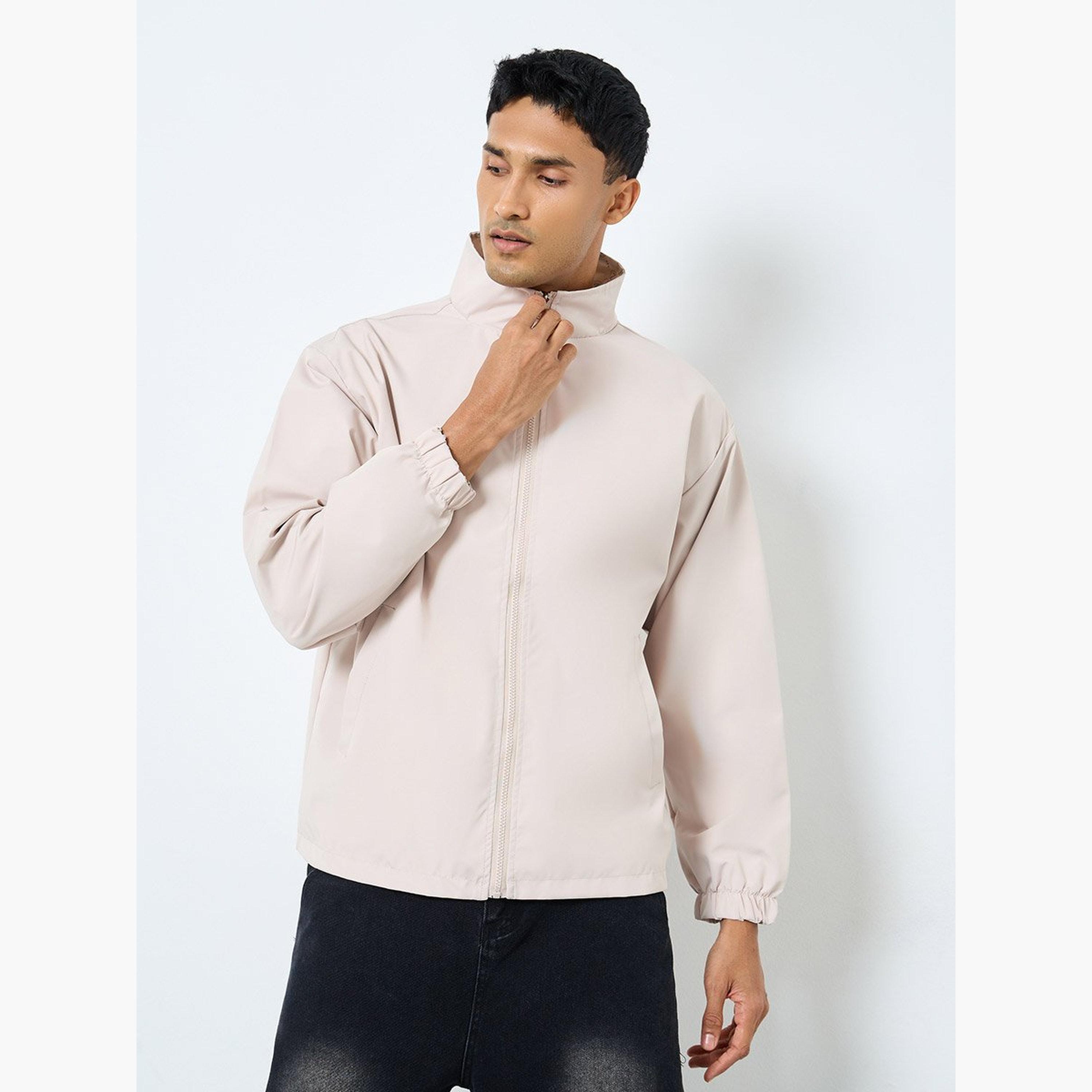 Styli Solid Collared Long Sleeves Men's Zip Through Windbreaker Jacket-men-clothing-jacketsandblazers-jackets-image-1