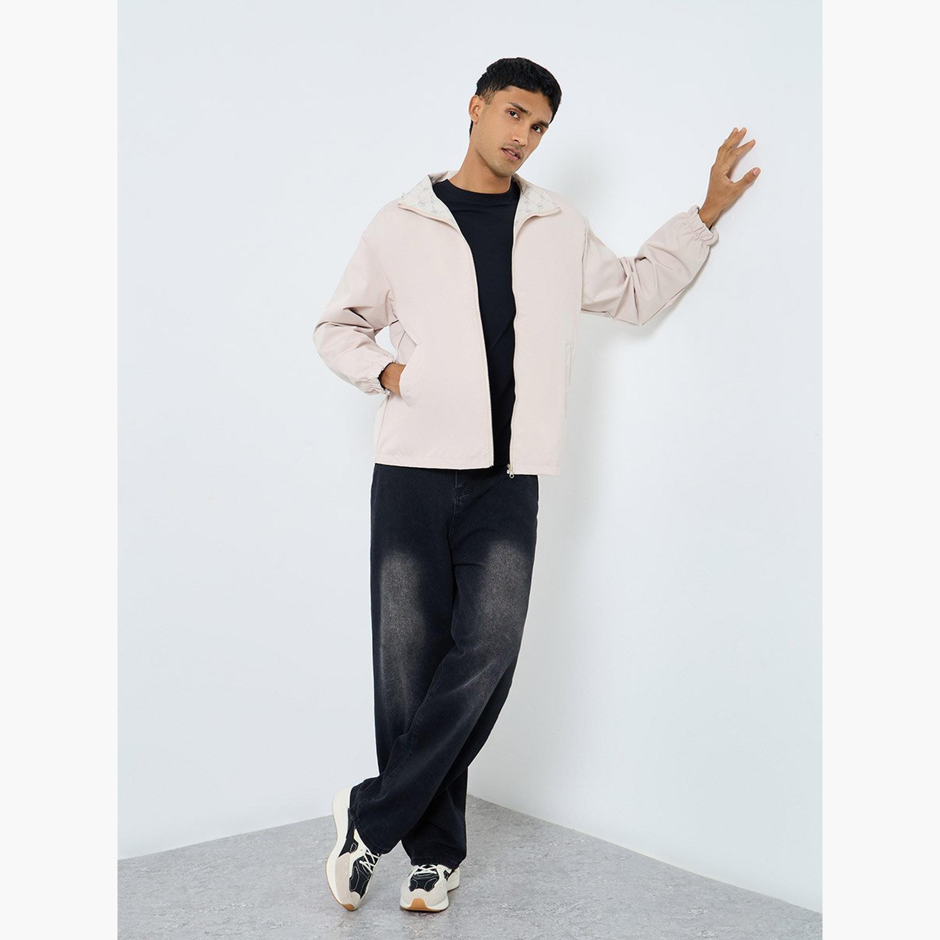 Styli Solid Collared Long Sleeves Men's Zip Through Windbreaker Jacket-men-clothing-jacketsandblazers-jackets-image-2