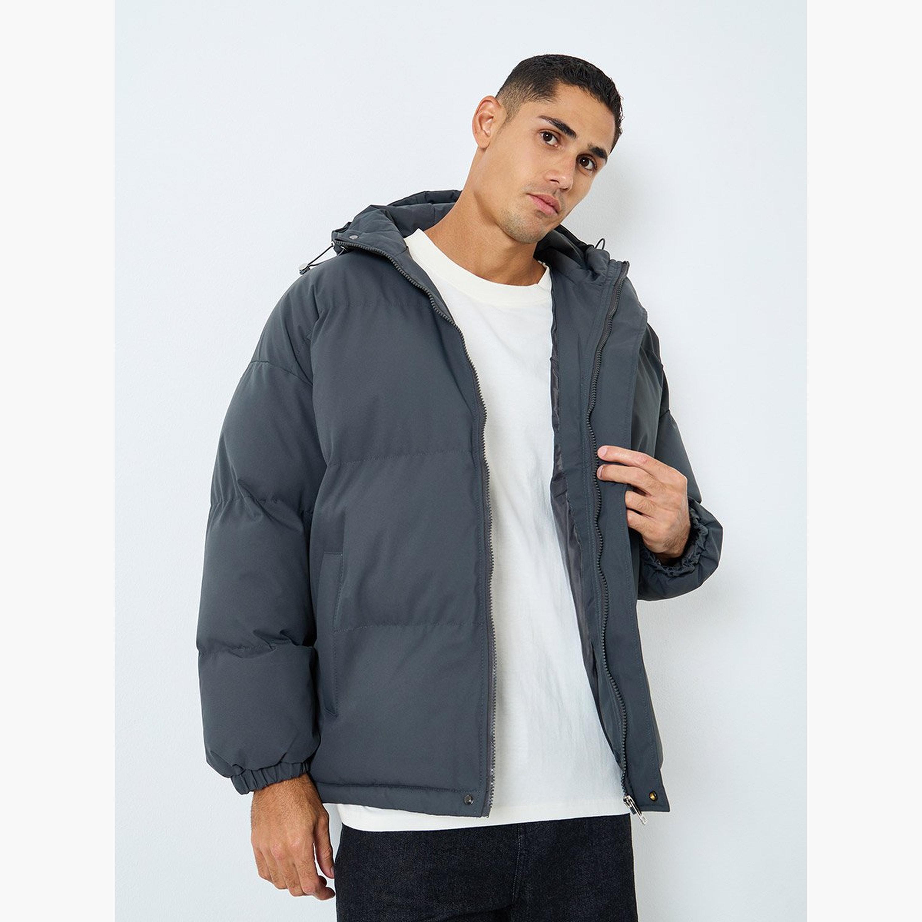Styli Solid Hooded Neck Long Sleeves Men's Zip Through Puffer Jacket-men-clothing-jacketsandblazers-jackets-image-1