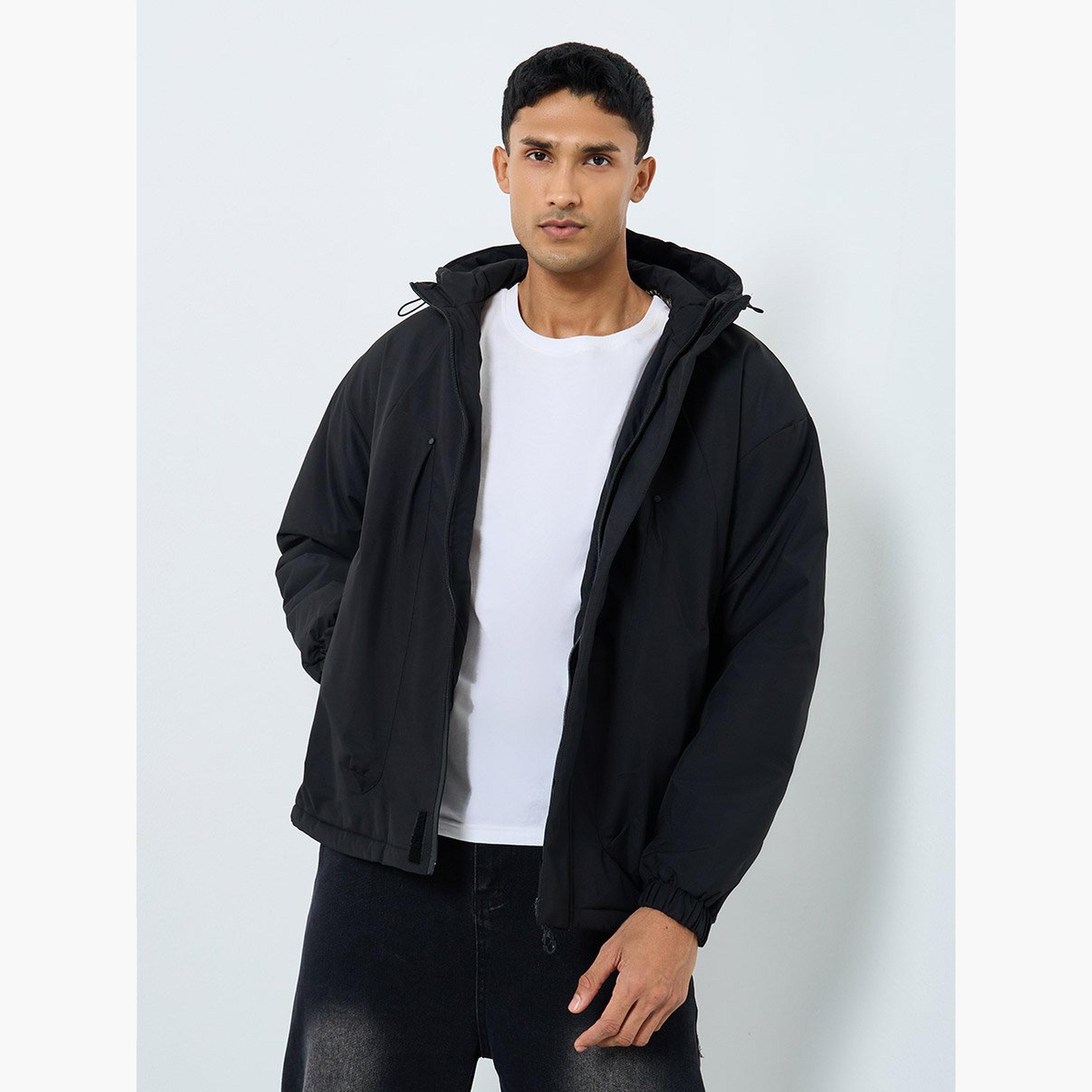 Styli Solid Hooded Neck Long Sleeves Men's Zip Through Windbreaker Jacket-men-clothing-jacketsandblazers-jackets-image-1
