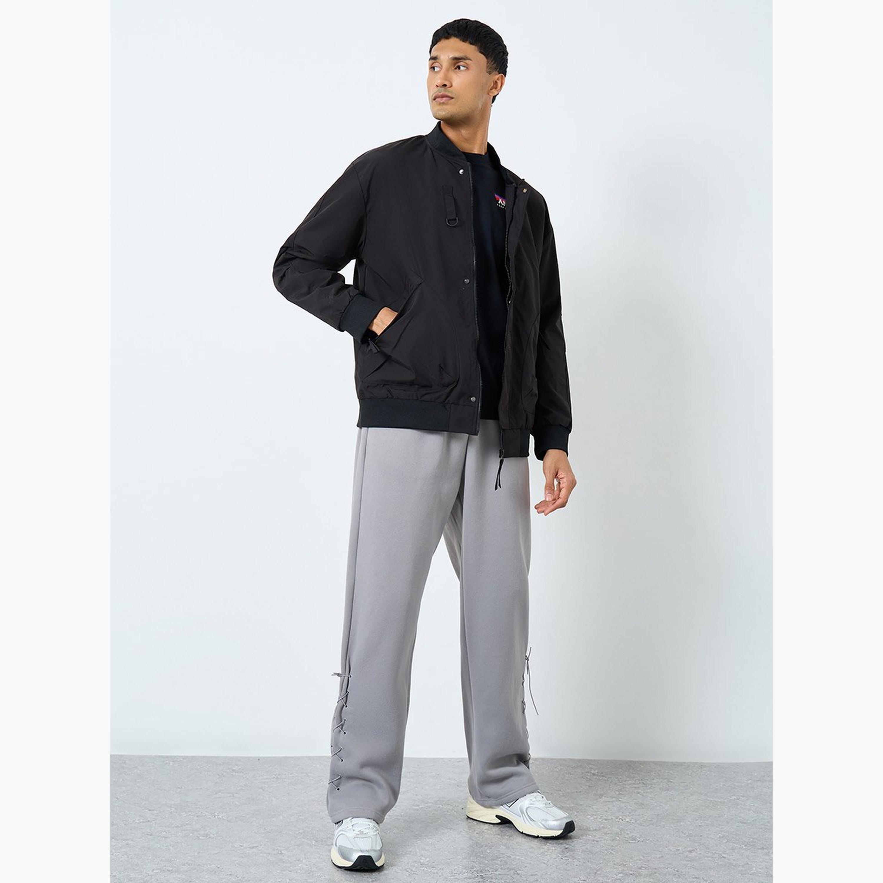 Styli Men Black Solid Bomber Jacket-men-clothing-jacketsandblazers-jackets-image-2