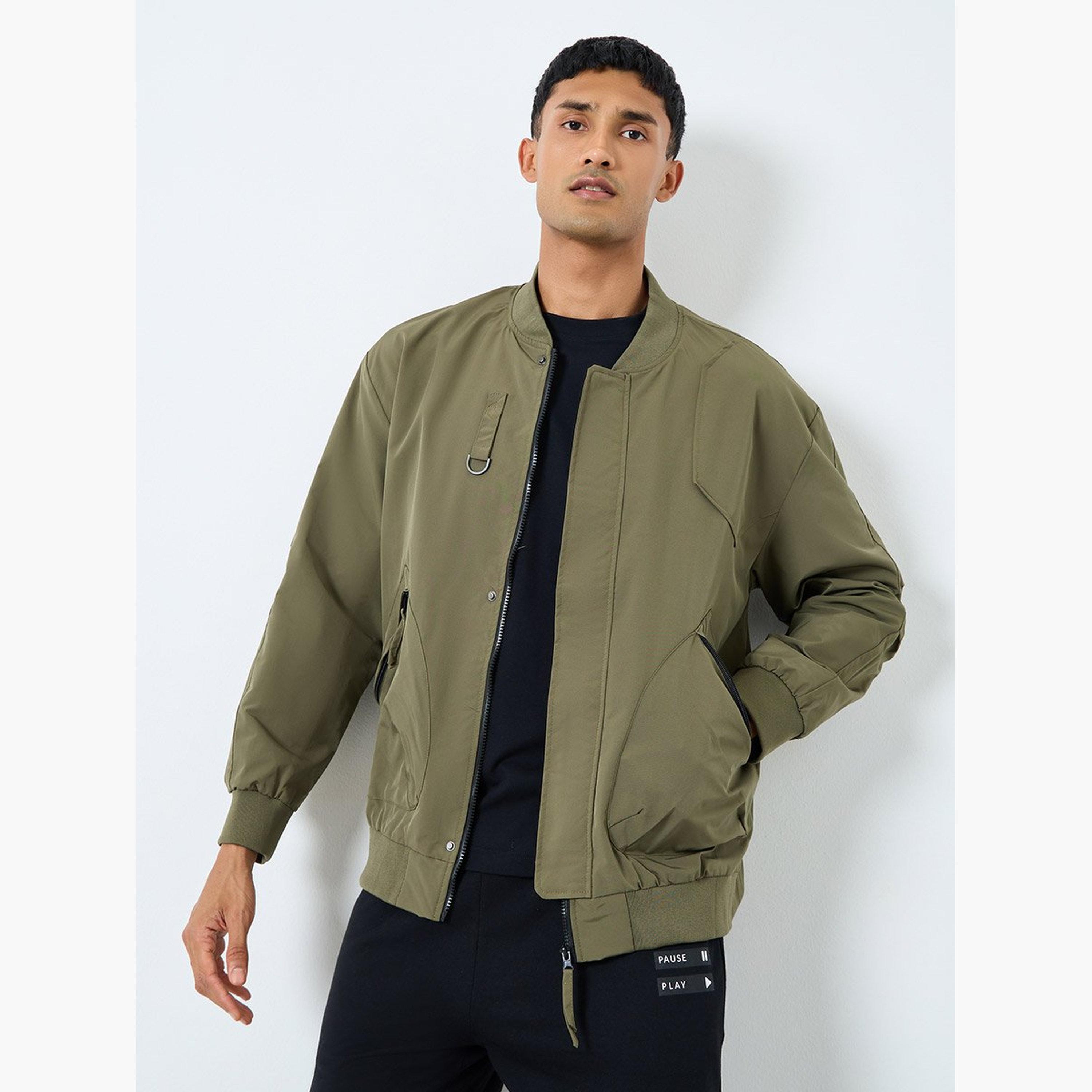 Styli Men Olive Solid Bomber Jacket-men-clothing-jacketsandblazers-jackets-image-1
